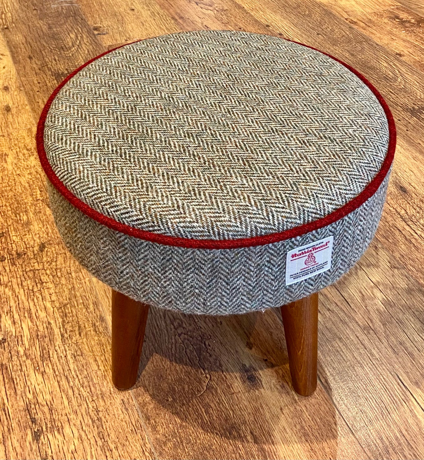 Brown Harris Tweed Footstool with Red Piping and Dark Varnished Wooden Legs