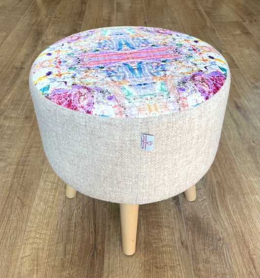 Paint Spray Velvet and Oatmeal Harris Tweed Footstool