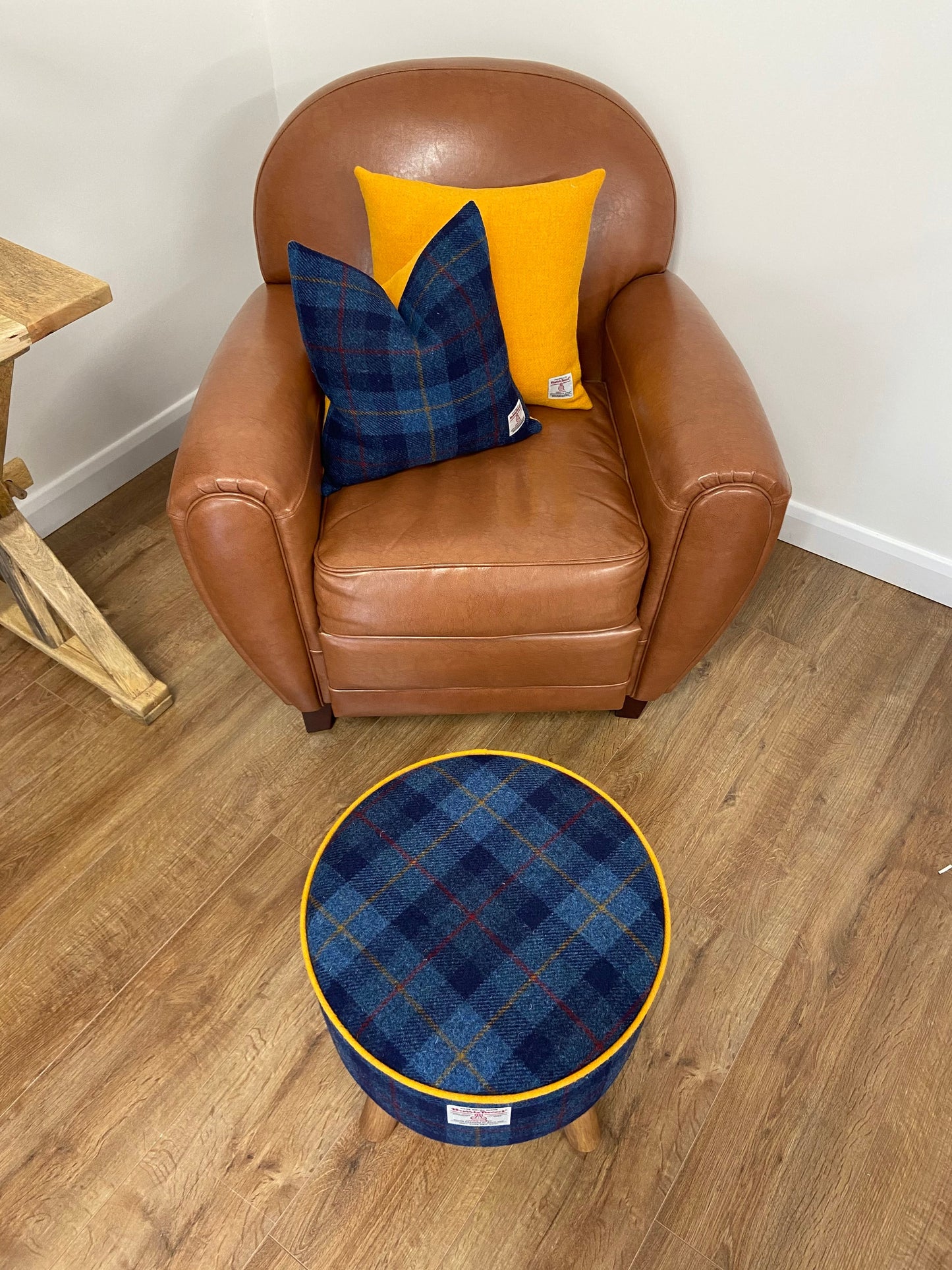 Blue Tartan and Yellow Harris Tweed Cushion 18”