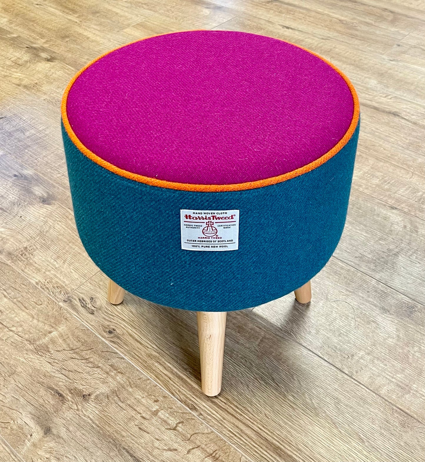 Teal and Fuchsia Harris Tweed Footstool with Orange Piping and Varnished Wooden Legs