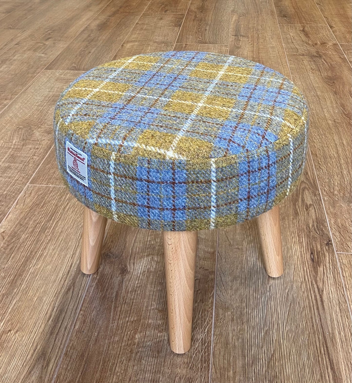 Mustard Tartan Harris Tweed Footstool with Varnished Light Wooden Legs