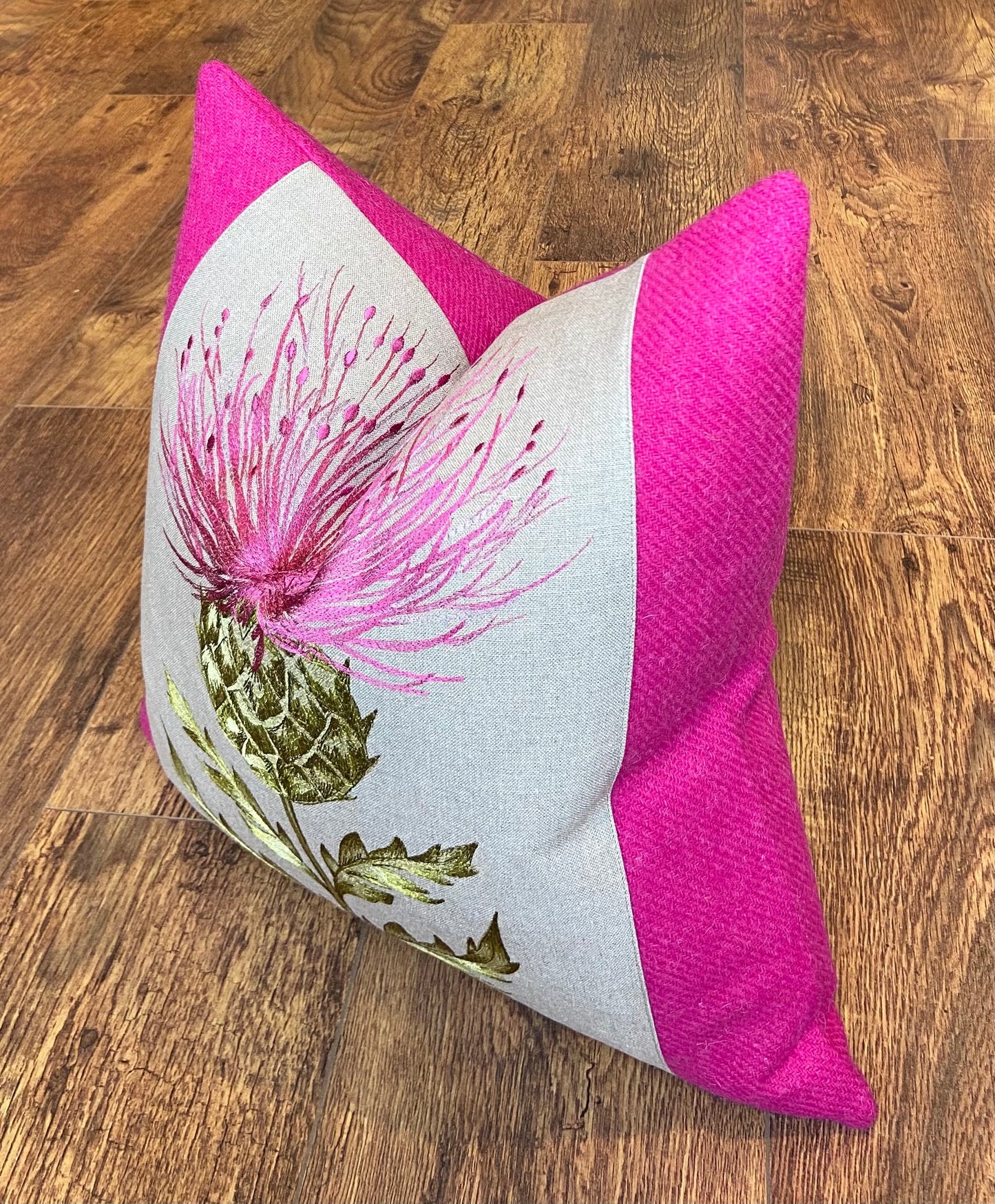 Vibrant Pink Embroidered Thistle and Harris Tweed Cushion 18”
