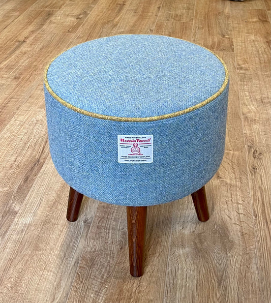 Sky Blue Harris Tweed Footstool with Mustard Piping and Dark Varnished Wooden Legs