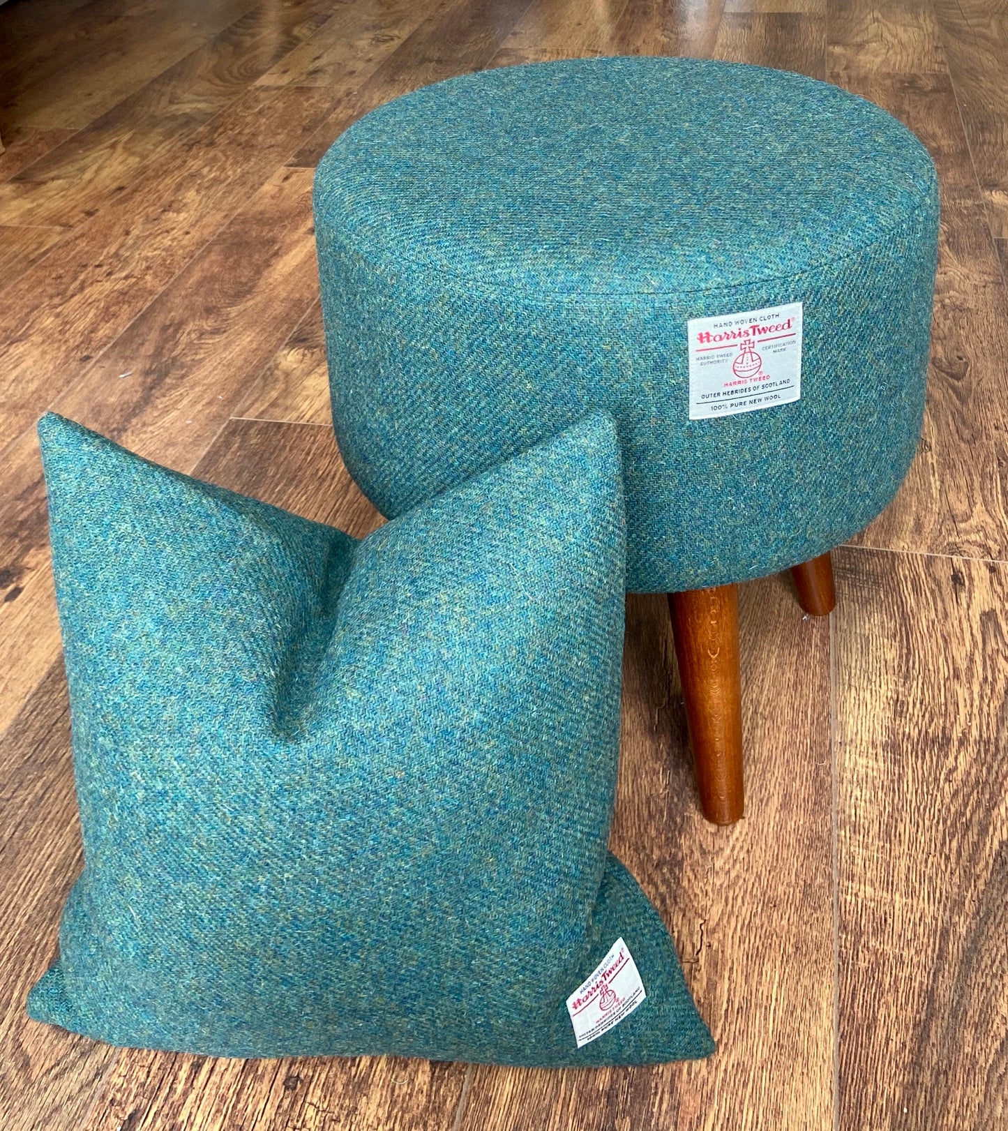 Green Harris Tweed Footstool with Dark Varnished Wooden Legs