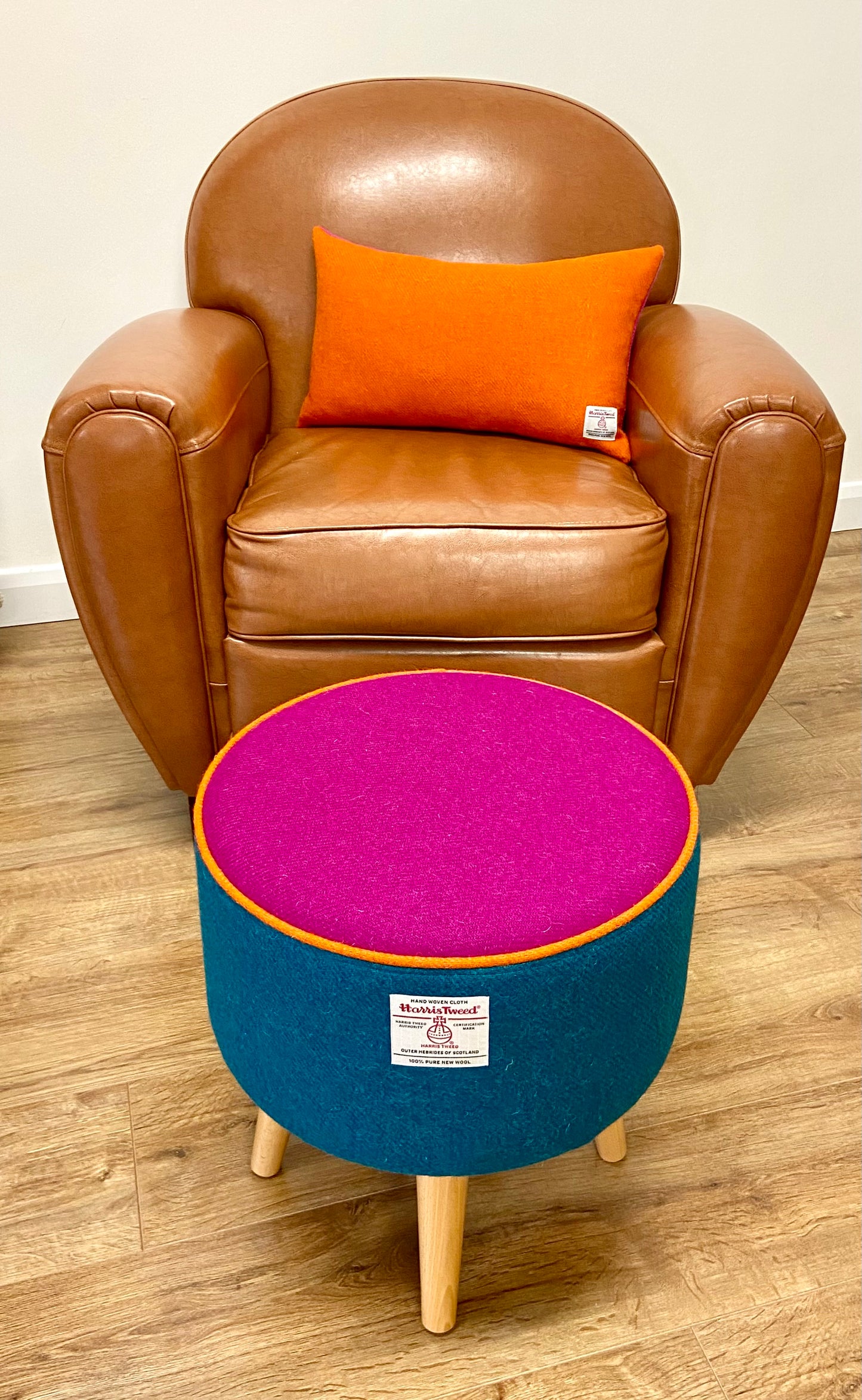 Teal and Fuchsia Harris Tweed Footstool with Orange Piping and Varnished Wooden Legs