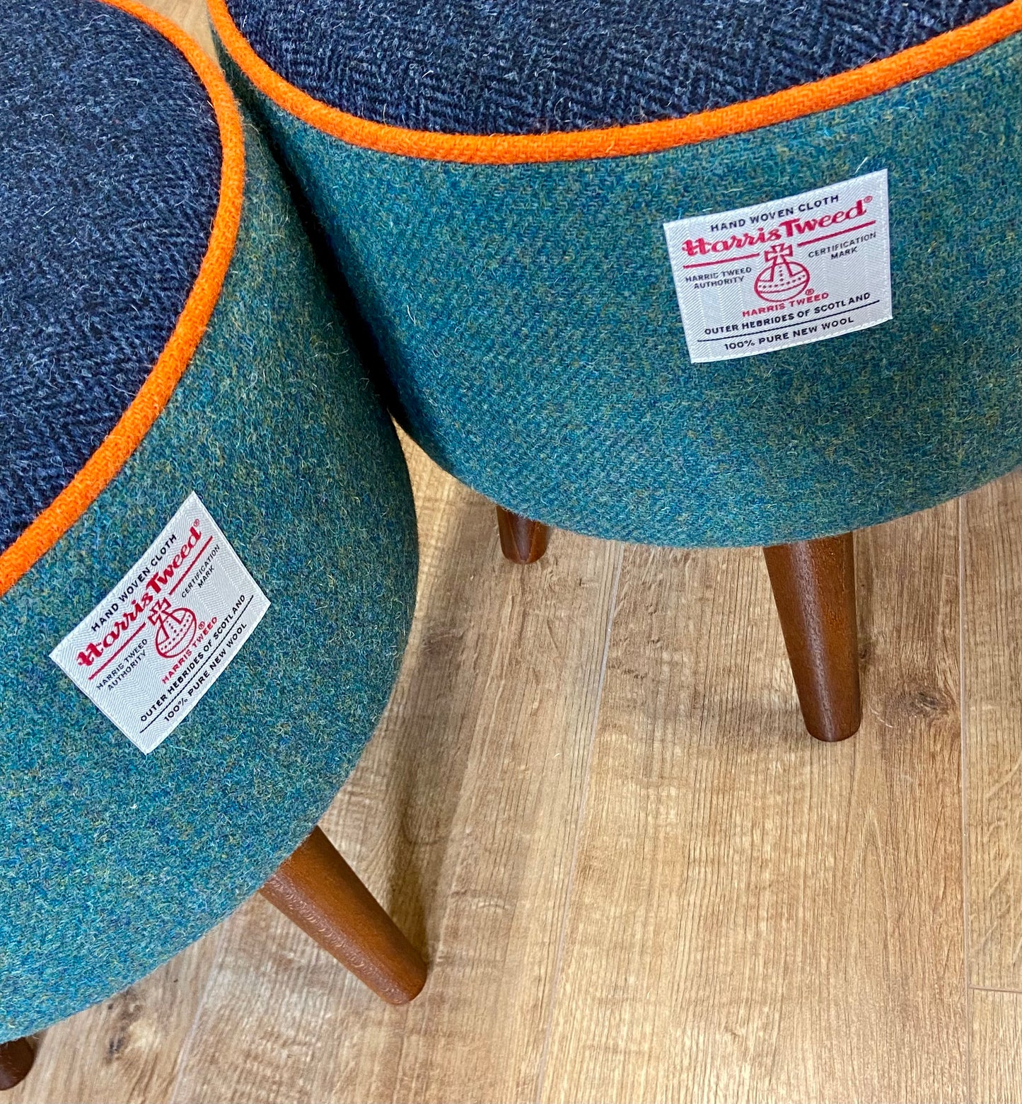 Green and Blue Harris Tweed Footstool with Orange Piping and Dark Varnished Wooden Legs