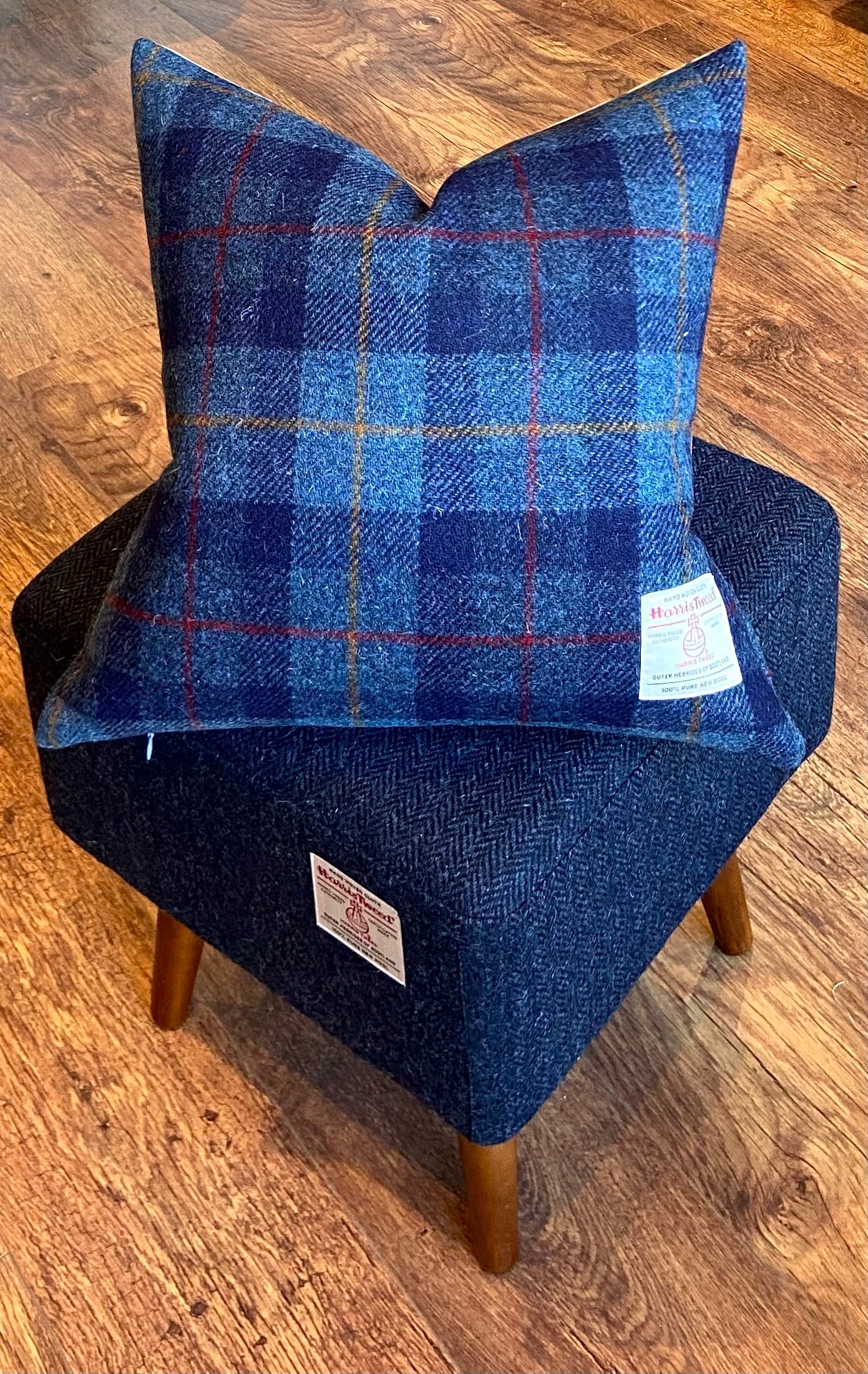 Blue Tartan and Yellow Harris Tweed Cushion 18”