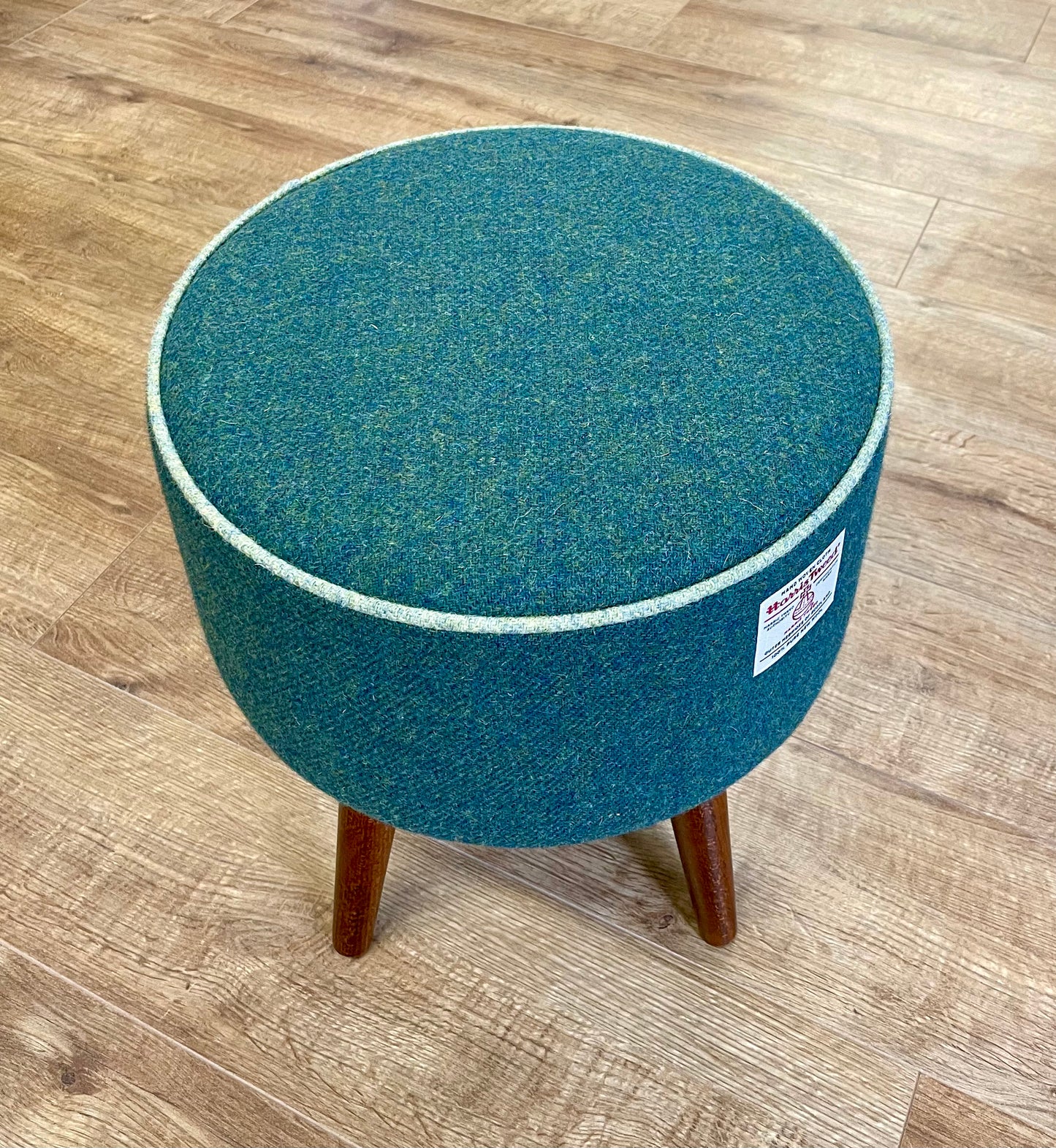 Deep Green Harris Tweed Footstool with Light Green Piping