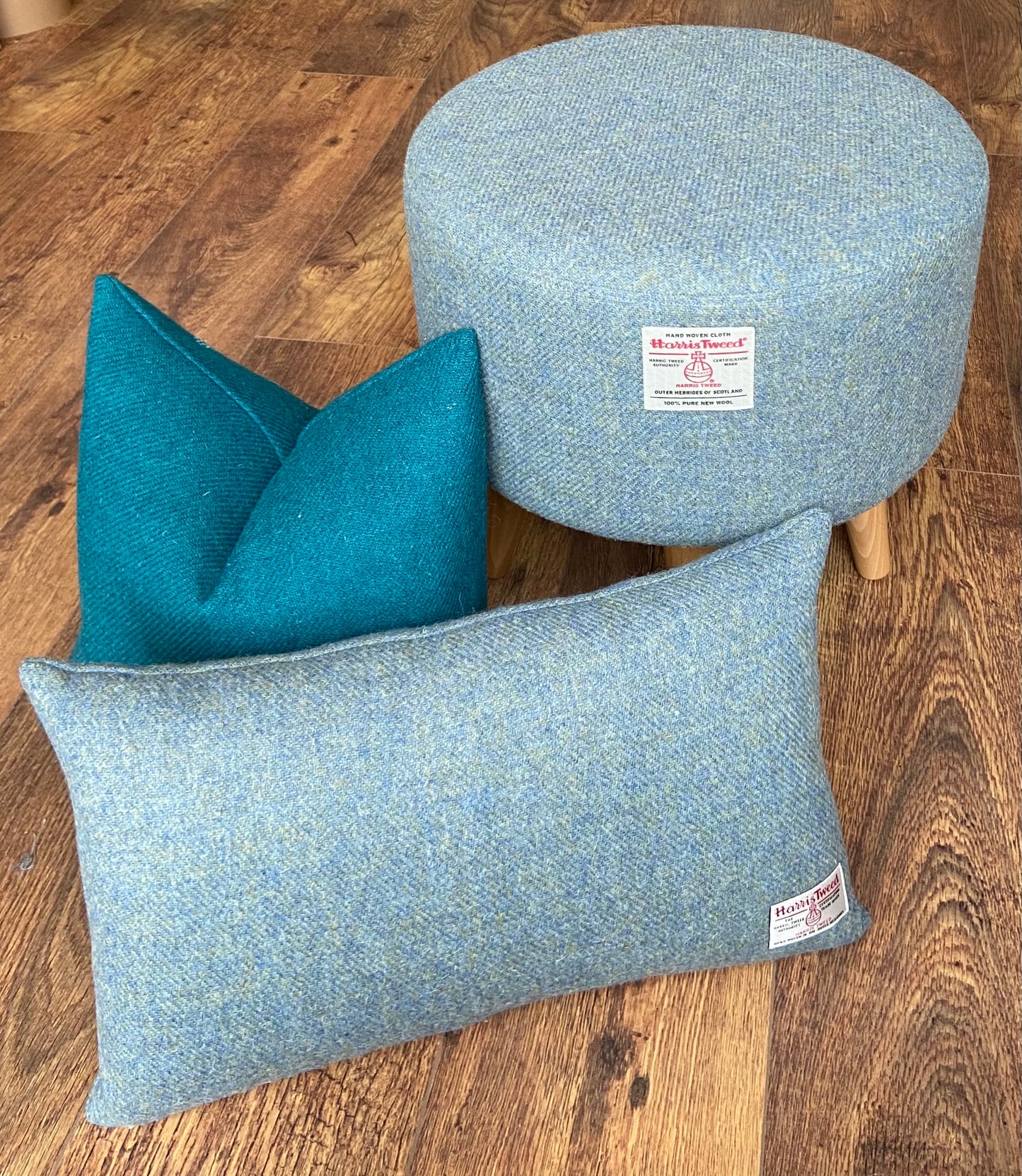 Light Blue Harris Tweed Round Footstool with Varnished Wooden Legs