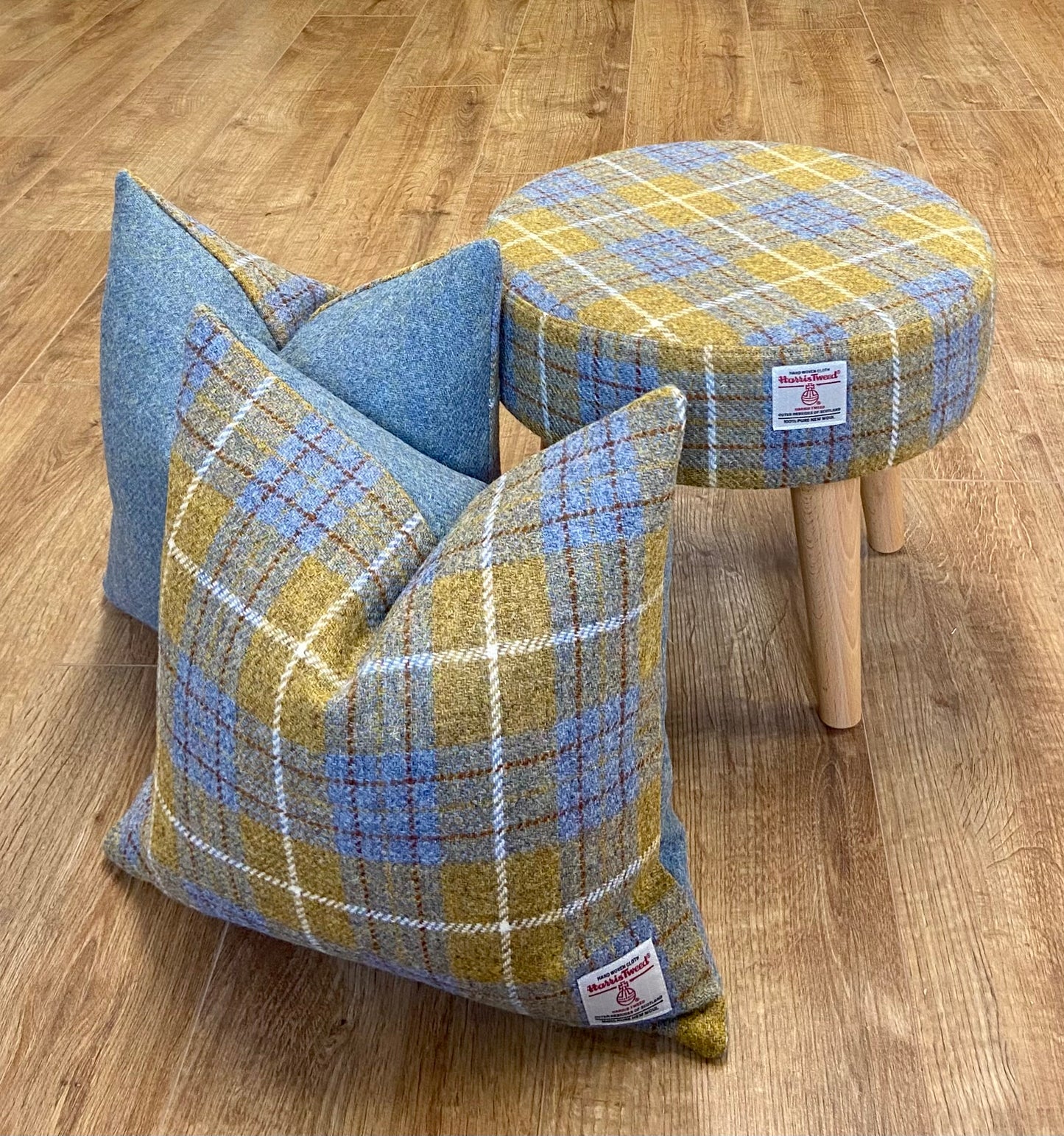 Mustard Tartan Harris Tweed Footstool with Varnished Light Wooden Legs