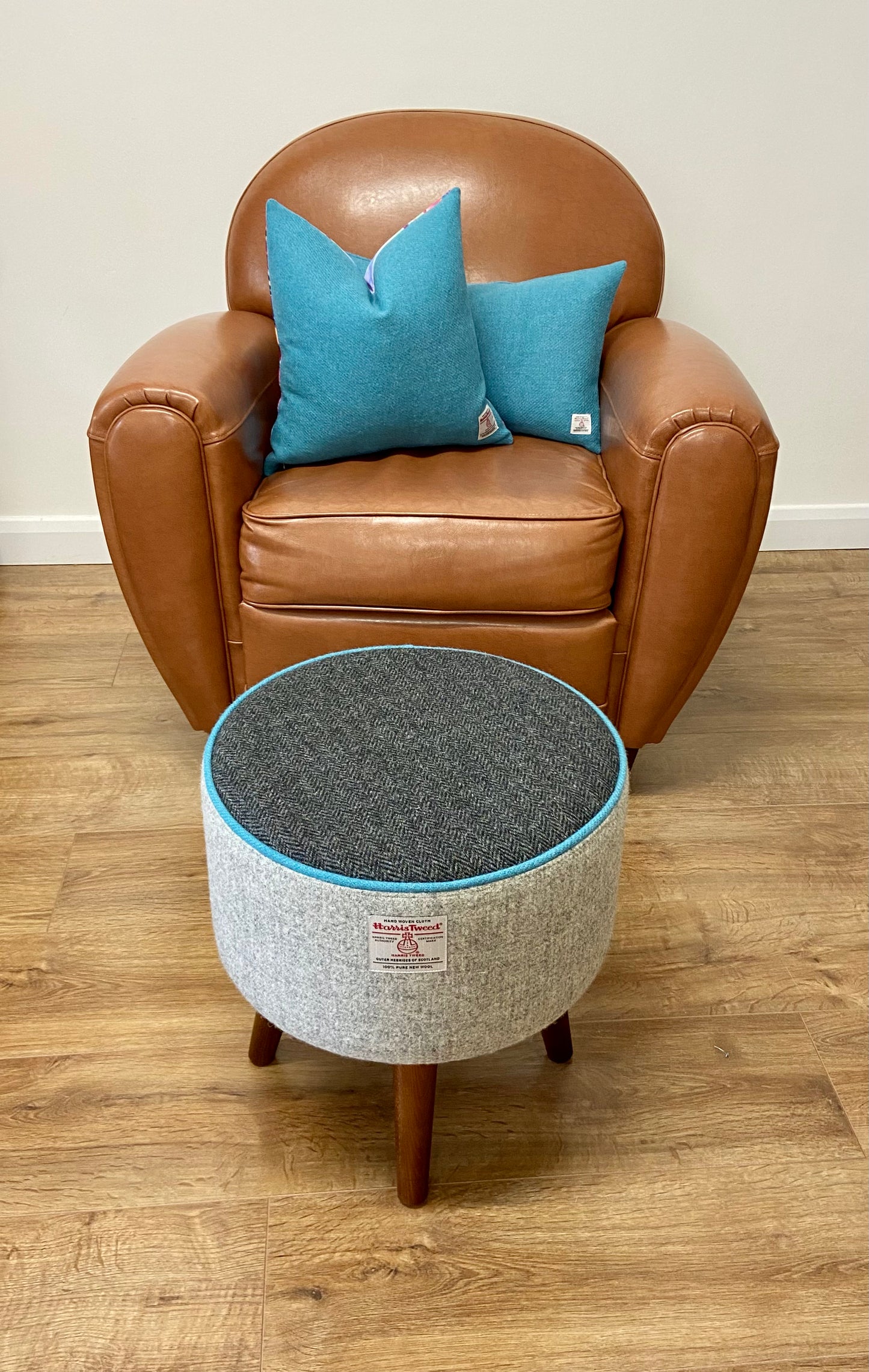 Grey and Charcoal Harris Tweed Footstool with Turquoise Piping and Dark Varnished Wooden Legs