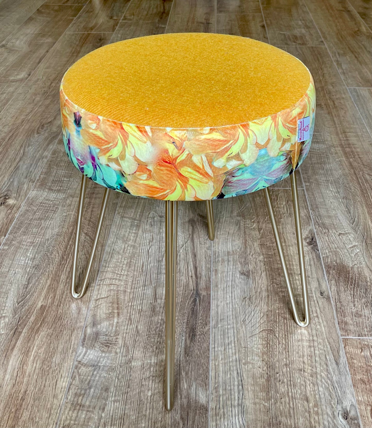 Vibrant Yellow Floral Velvet and Harris Tweed Hairpin Footstool