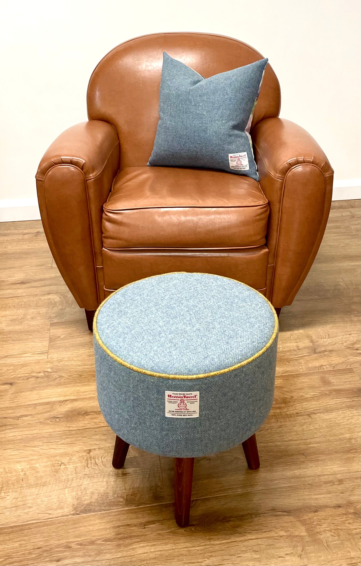 Sky Blue Harris Tweed Footstool with Mustard Piping and Dark Varnished Wooden Legs