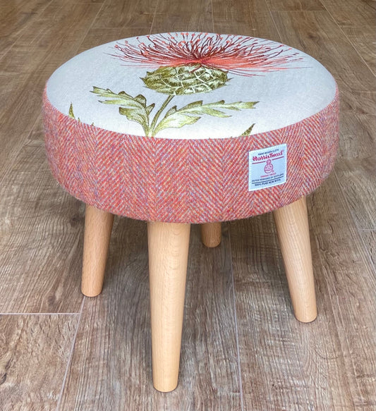 Burnt Orange Embroidered Thistle and Harris Tweed Footstool with Varnished Wooden Legs