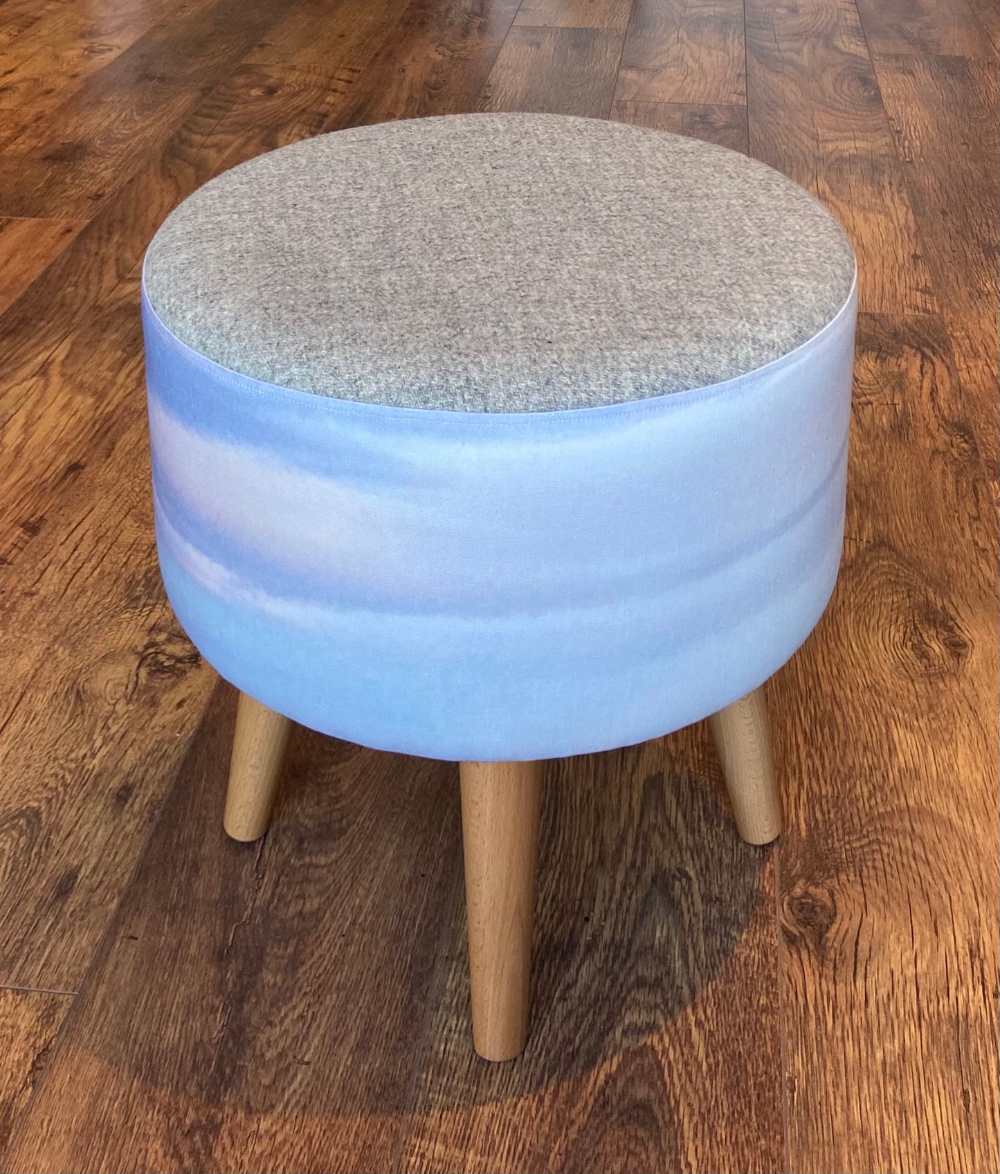 Watercolour Sky and Grey Harris Tweed Footstool with Varnished Wooden Legs