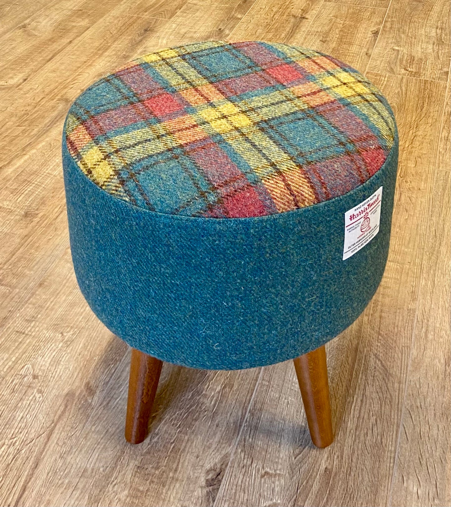 Green, Red and Mustard Tartan Harris Tweed Footstool with Dark Varnished Wooden Legs