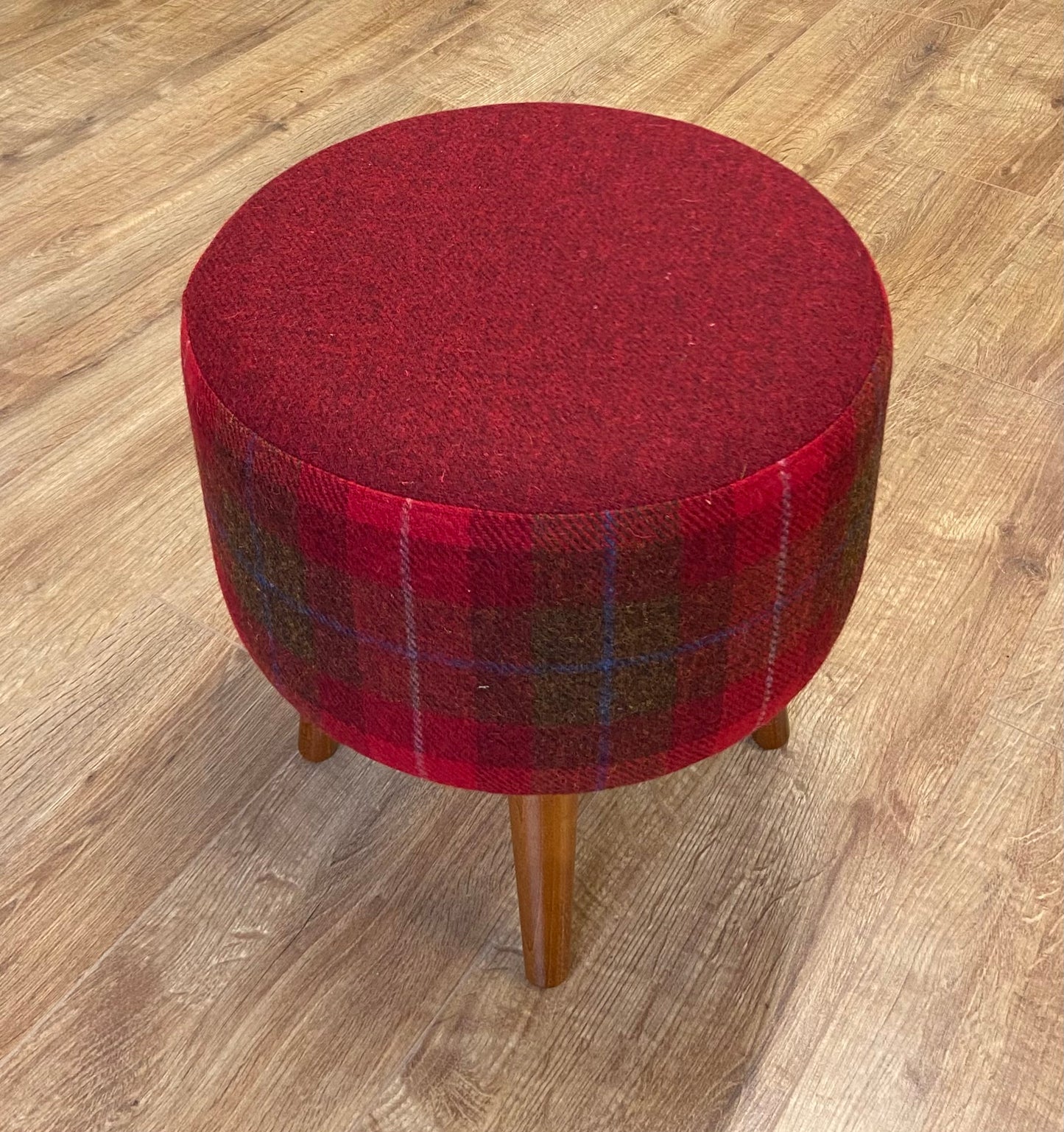 Red Tartan Harris Tweed Footstool with Dark Varnished Wooden Legs