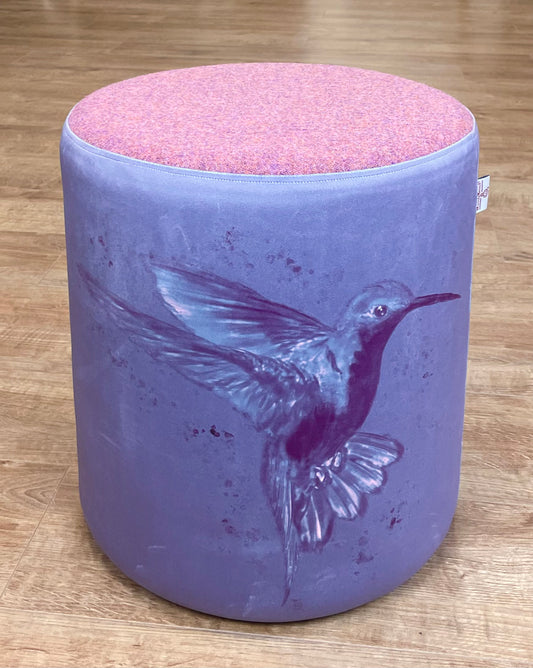 Deep Purple Hummingbird Velvet and Pink Harris Tweed Medium Floating Footstool