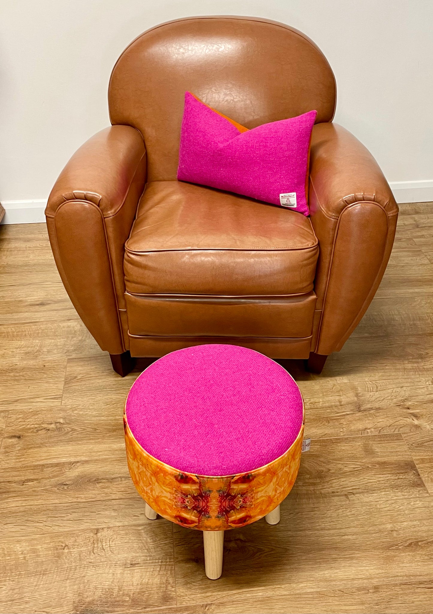 Fire Velvet and Bright Pink Harris Tweed Upholstered Footstool with Light Rustic Wooden Legs.