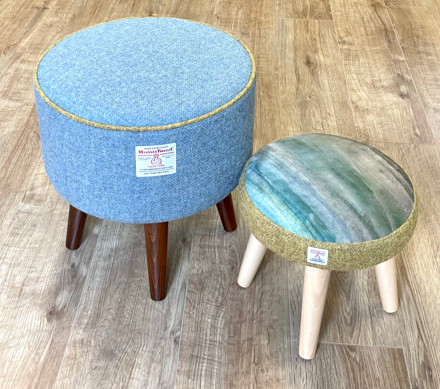 Sky Blue Harris Tweed Footstool with Mustard Piping and Dark Varnished Wooden Legs