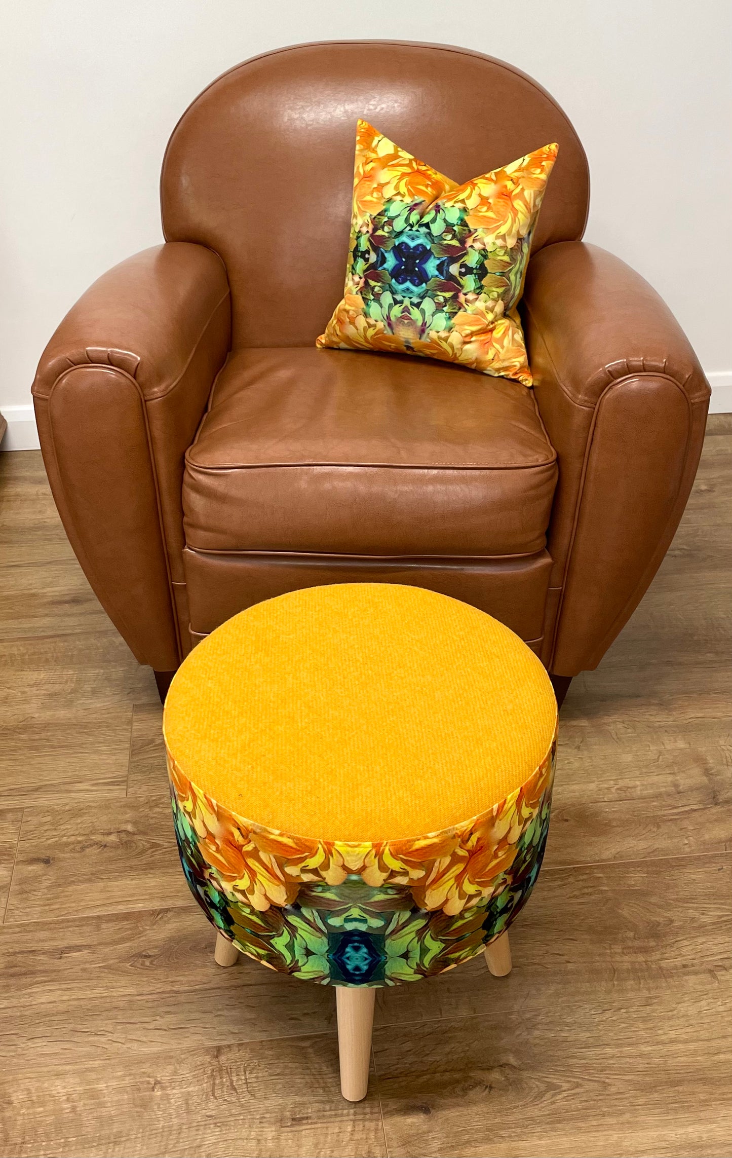 Vibrant Yellow Floral Velvet and Harris Tweed Small Cushion 16”