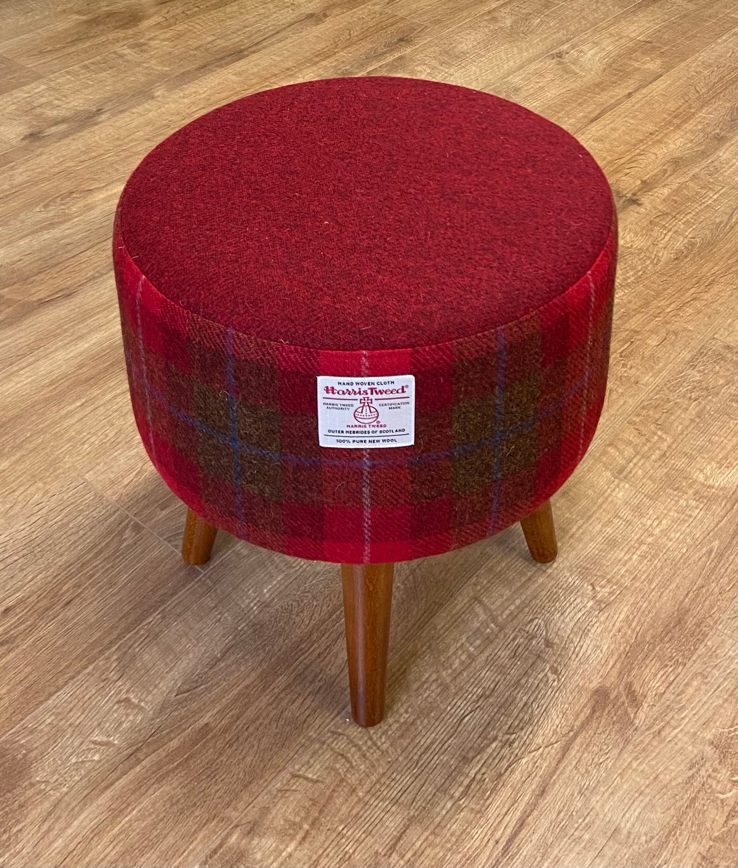 Red Tartan Harris Tweed Footstool with Dark Varnished Wooden Legs