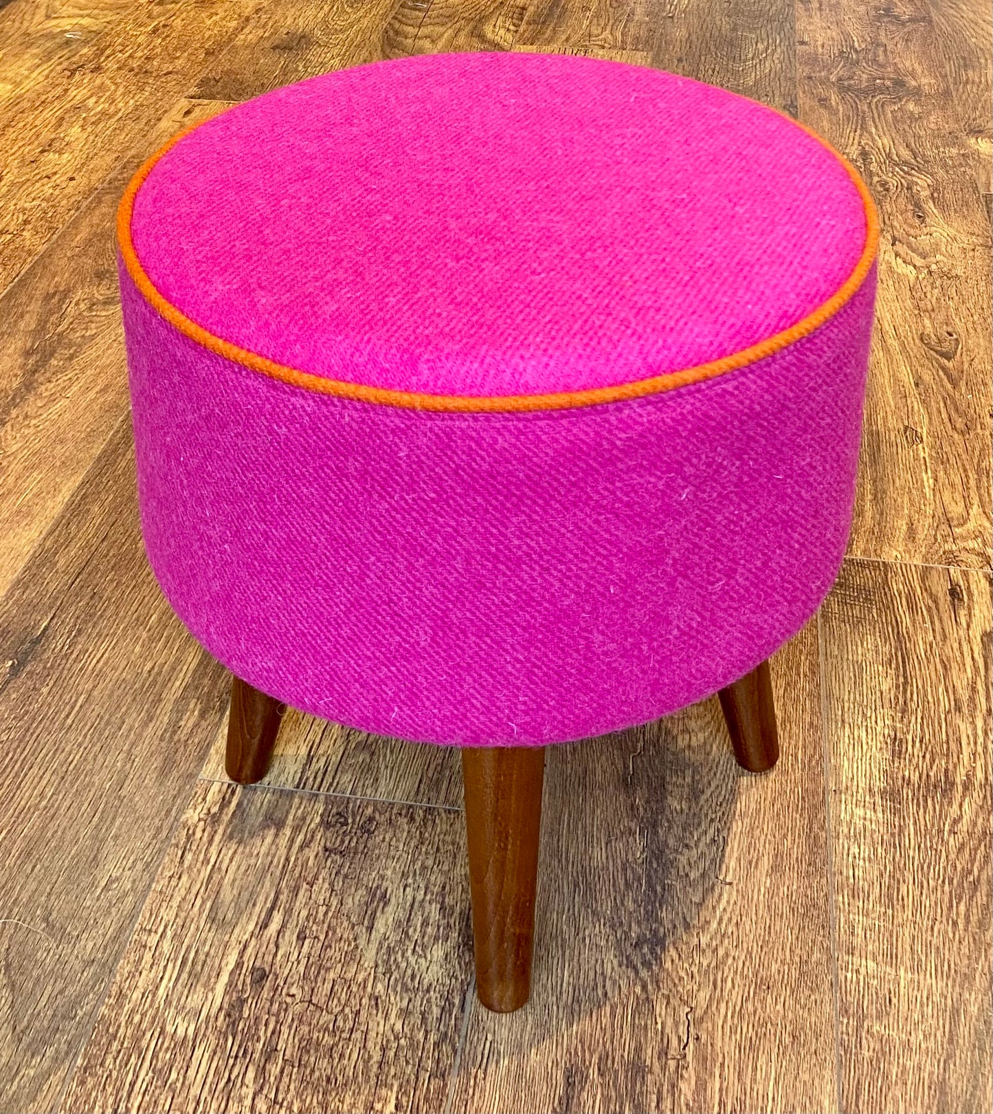 Pink Harris Tweed Footstool with Orange Piping and Dark Wooden Legs