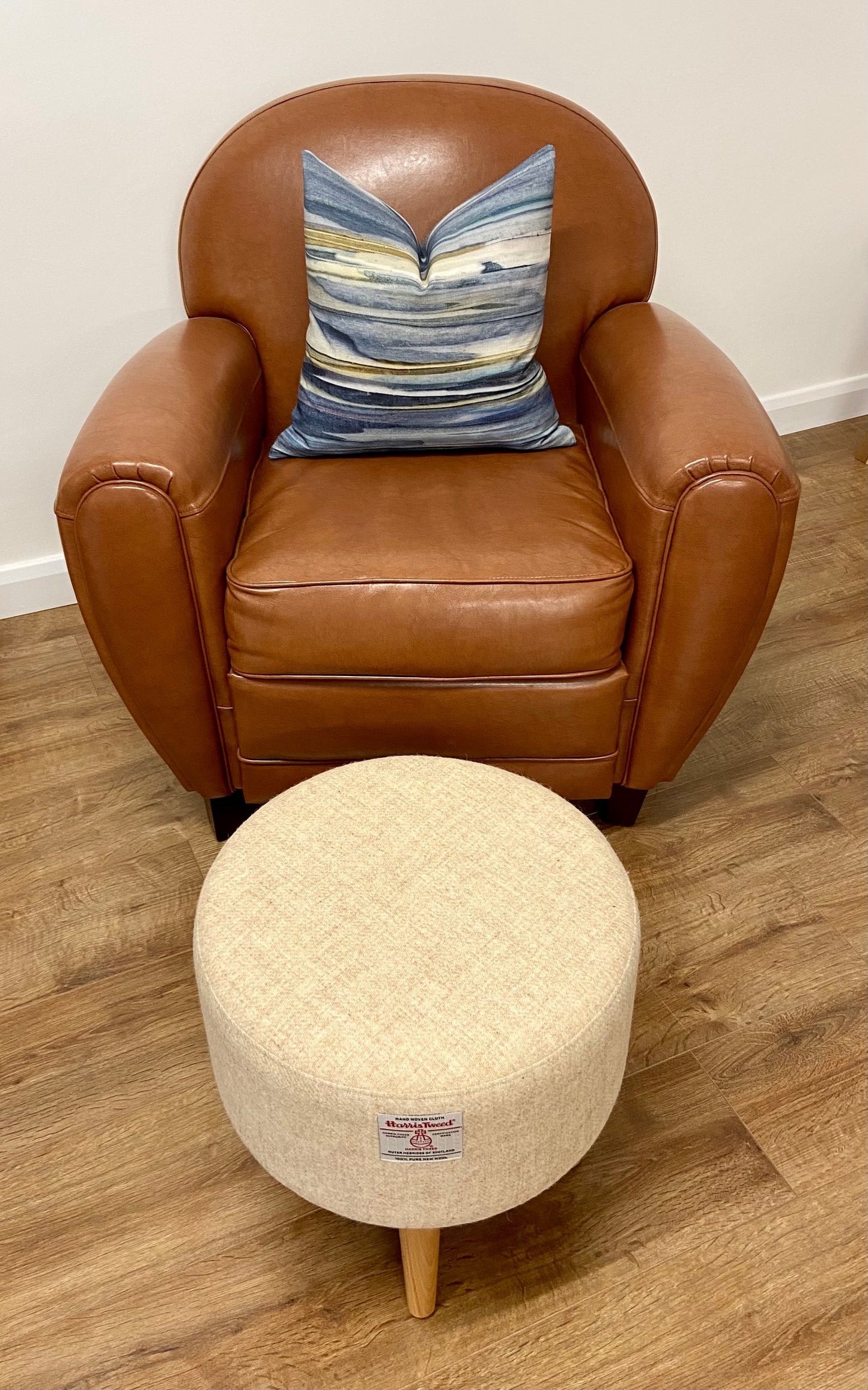 Oatmeal Cream Harris Tweed Footstool with Light Wooden Legs