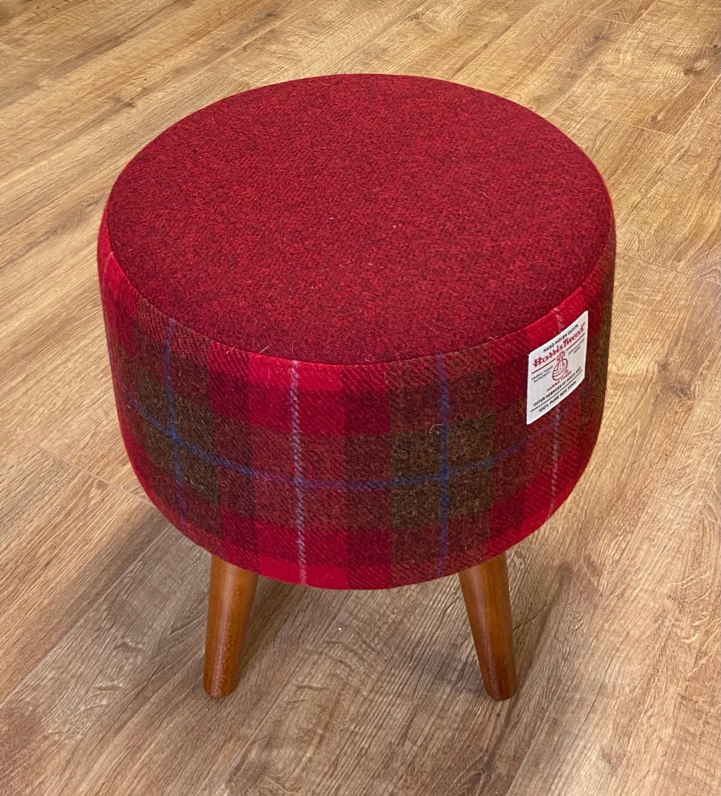 Red Tartan Harris Tweed Footstool with Dark Varnished Wooden Legs