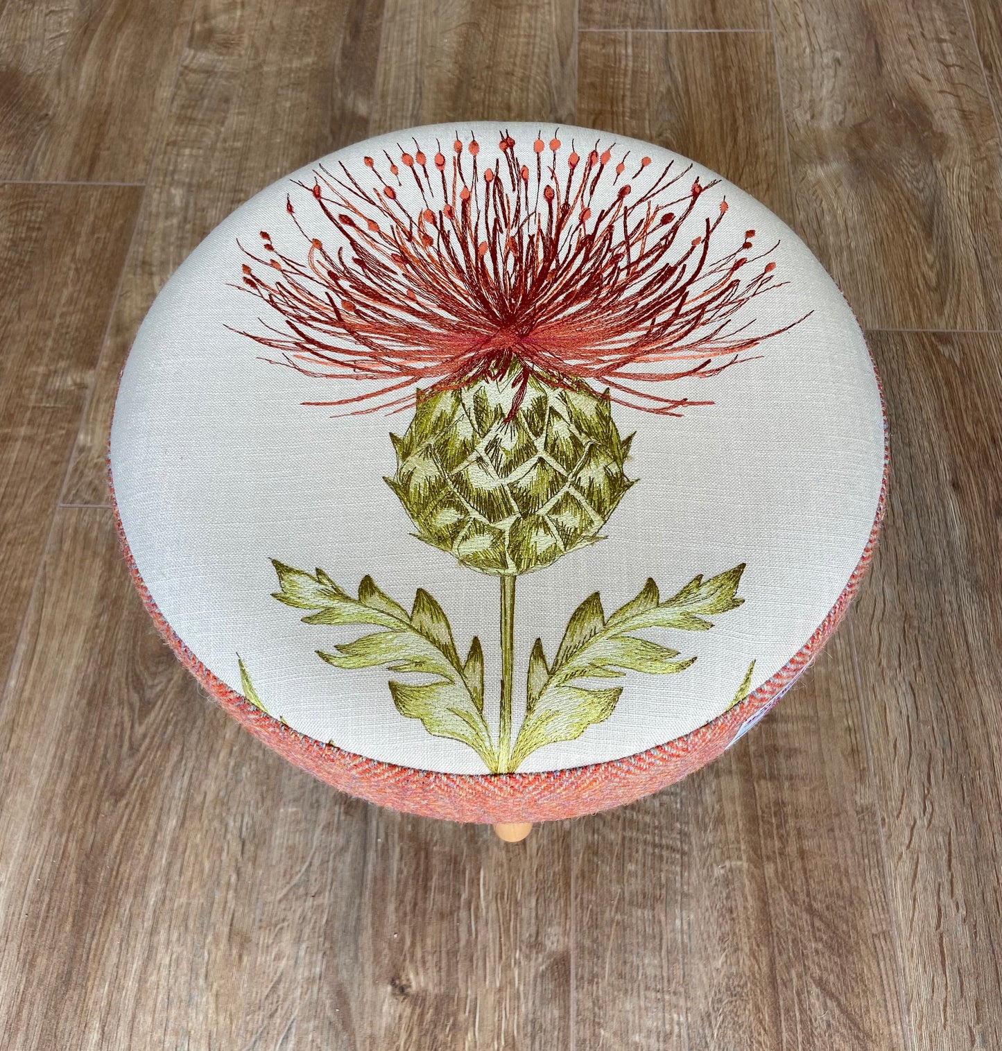 Burnt Orange Embroidered Thistle and Harris Tweed Footstool with Varnished Wooden Legs