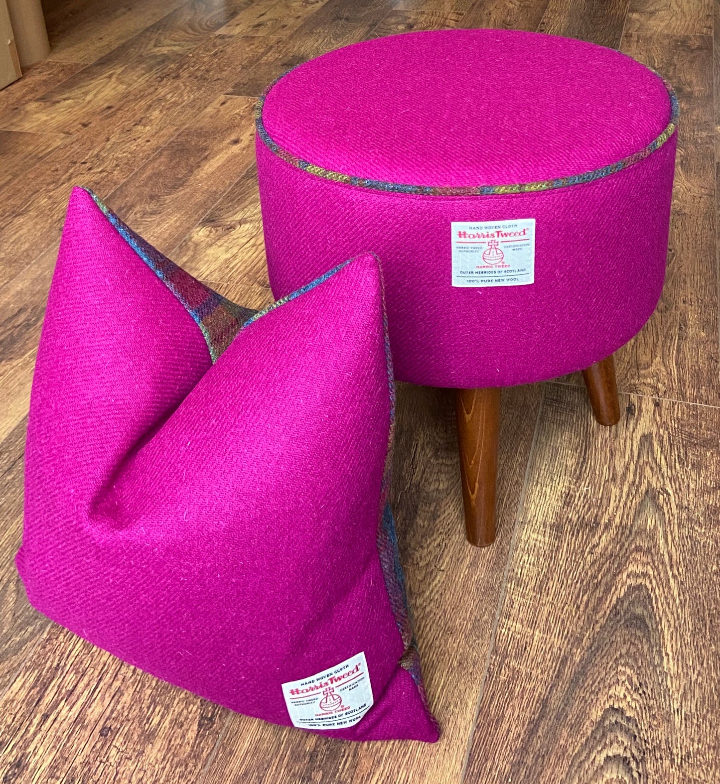 Fuchsia Harris Tweed Footstool with Tartan Piping and Dark Varnished Wooden Legs