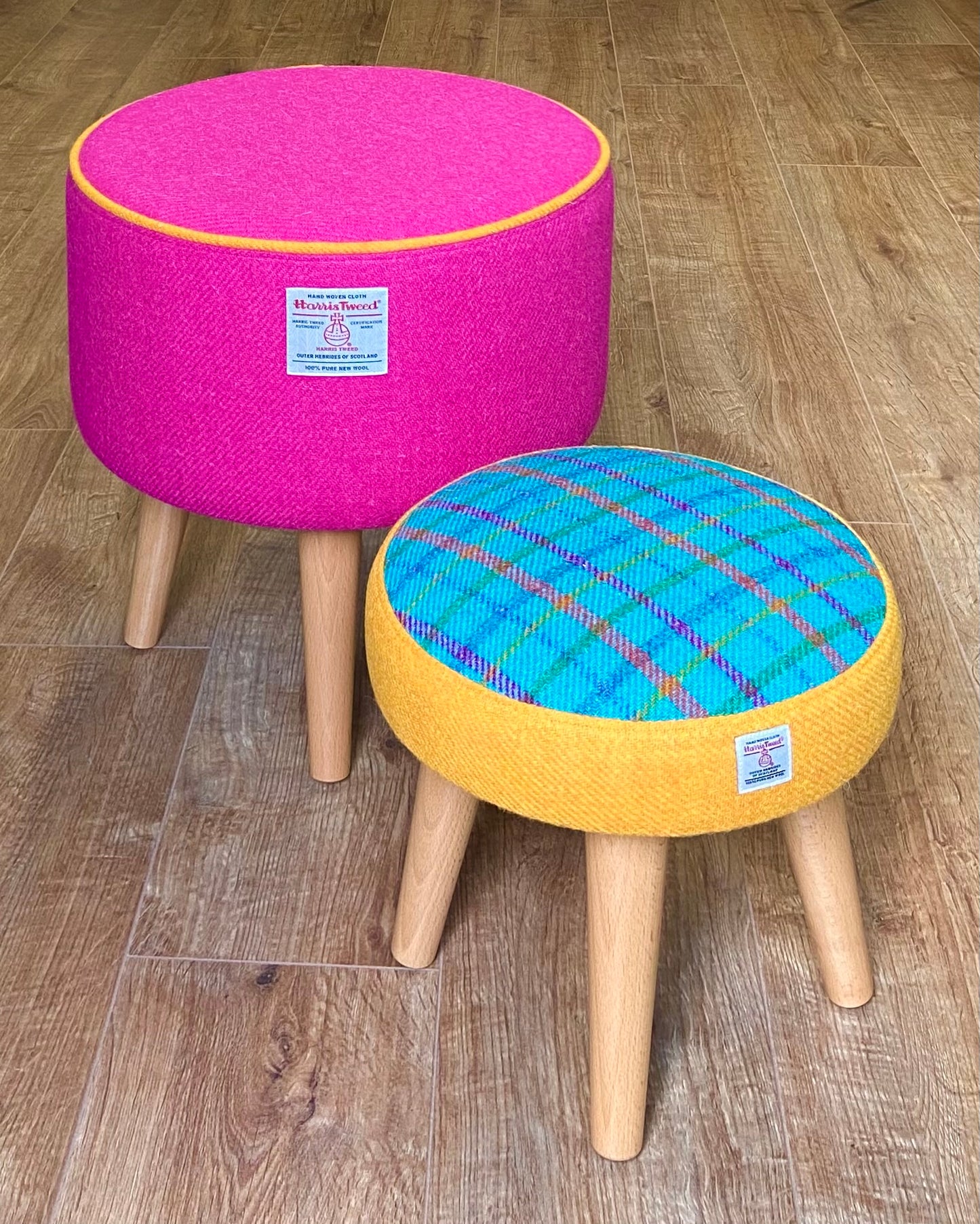 Pink Harris Tweed Footstool with Yellow Piping and Varnished Wooden Legs