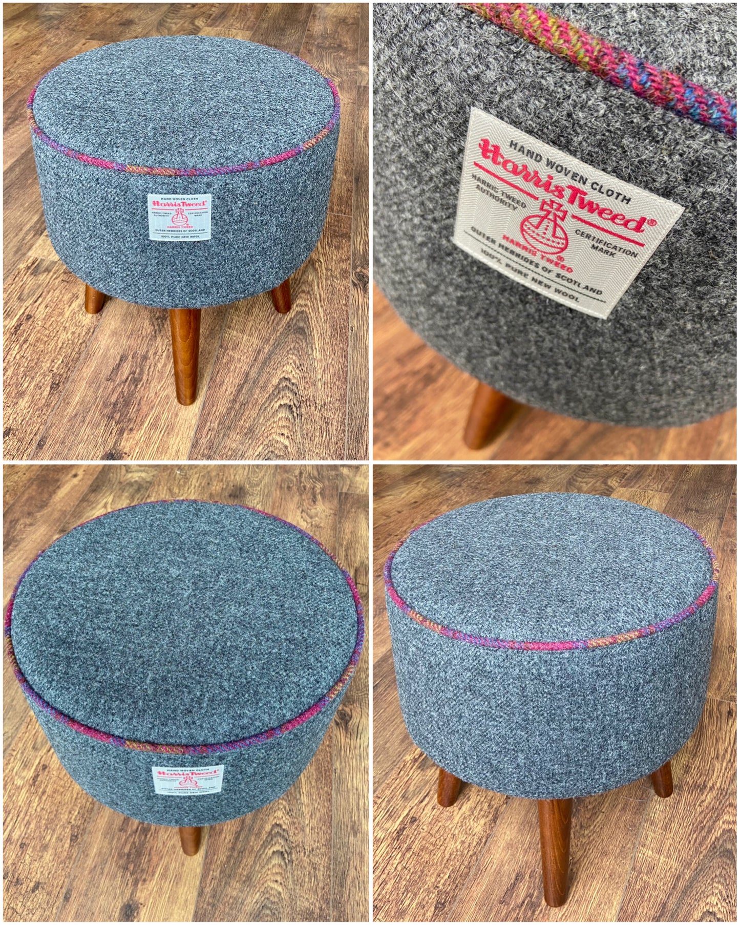 Fuchsia Harris Tweed Footstool with Tartan Piping and Dark Varnished Wooden Legs