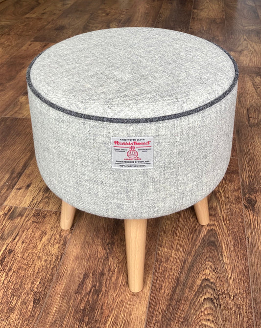 Grey Harris Tweed Footstool with Charcoal Piping and Varnished Wooden Legs