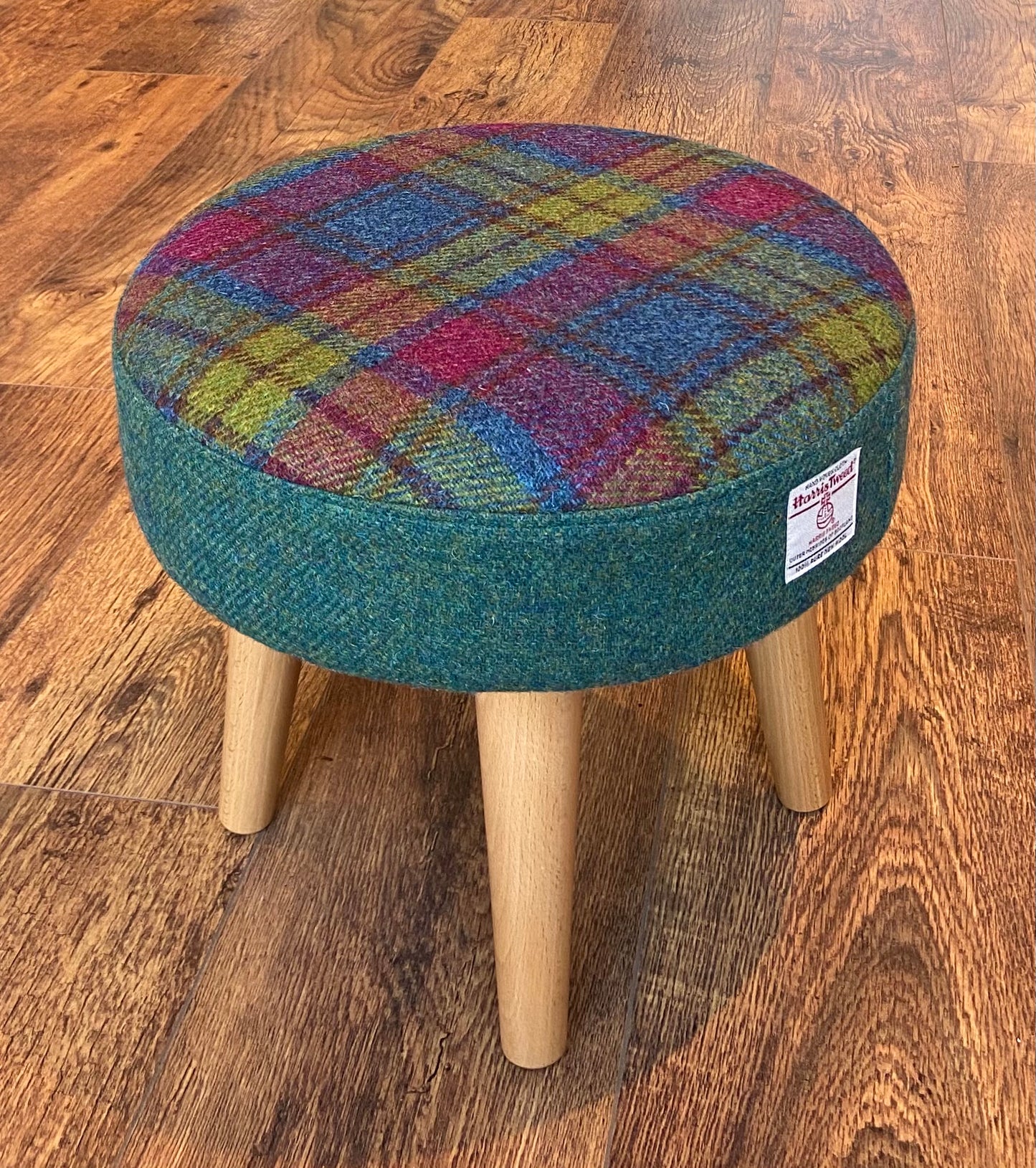 Colourful Tartan and Green Harris Tweed Footstool with Varnished Wooden Legs