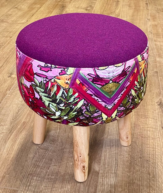 Geo Flower Velvet and Purple Harris Tweed Upholstered Footstool with Light Rustic Wooden Legs.