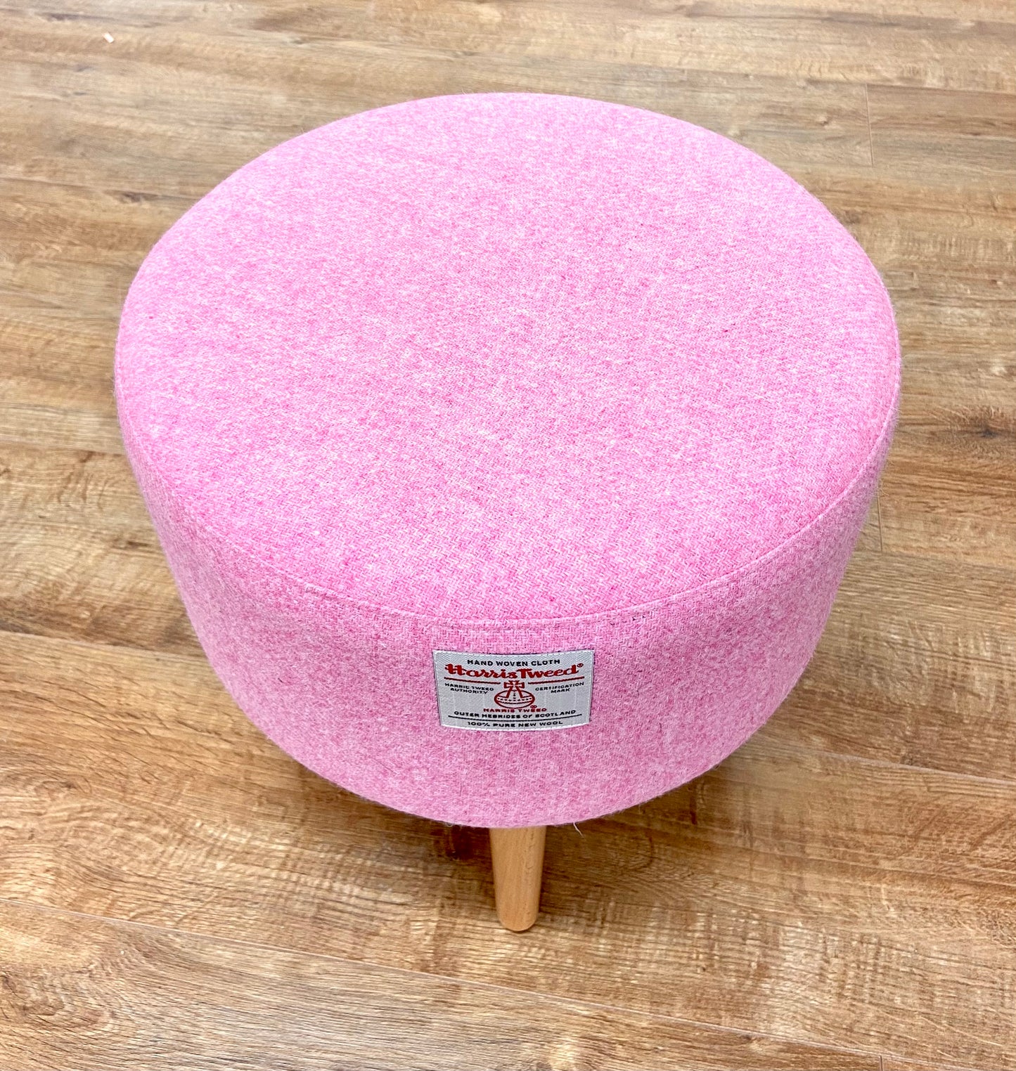 Light Pink Harris Tweed Footstool with Varnished Wooden Legs