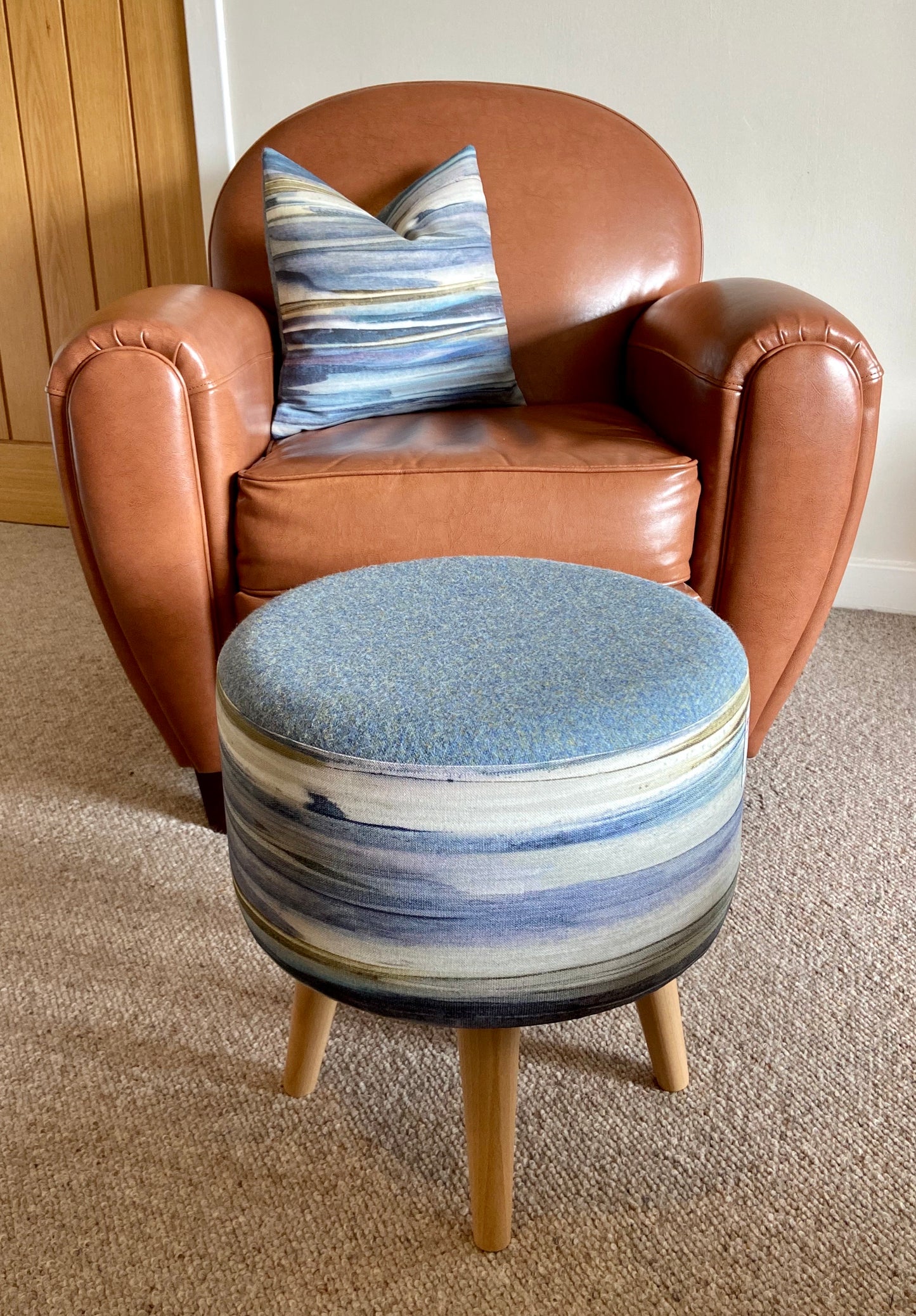 Light Blue Harris Tweed Round Footstool with Varnished Wooden Legs