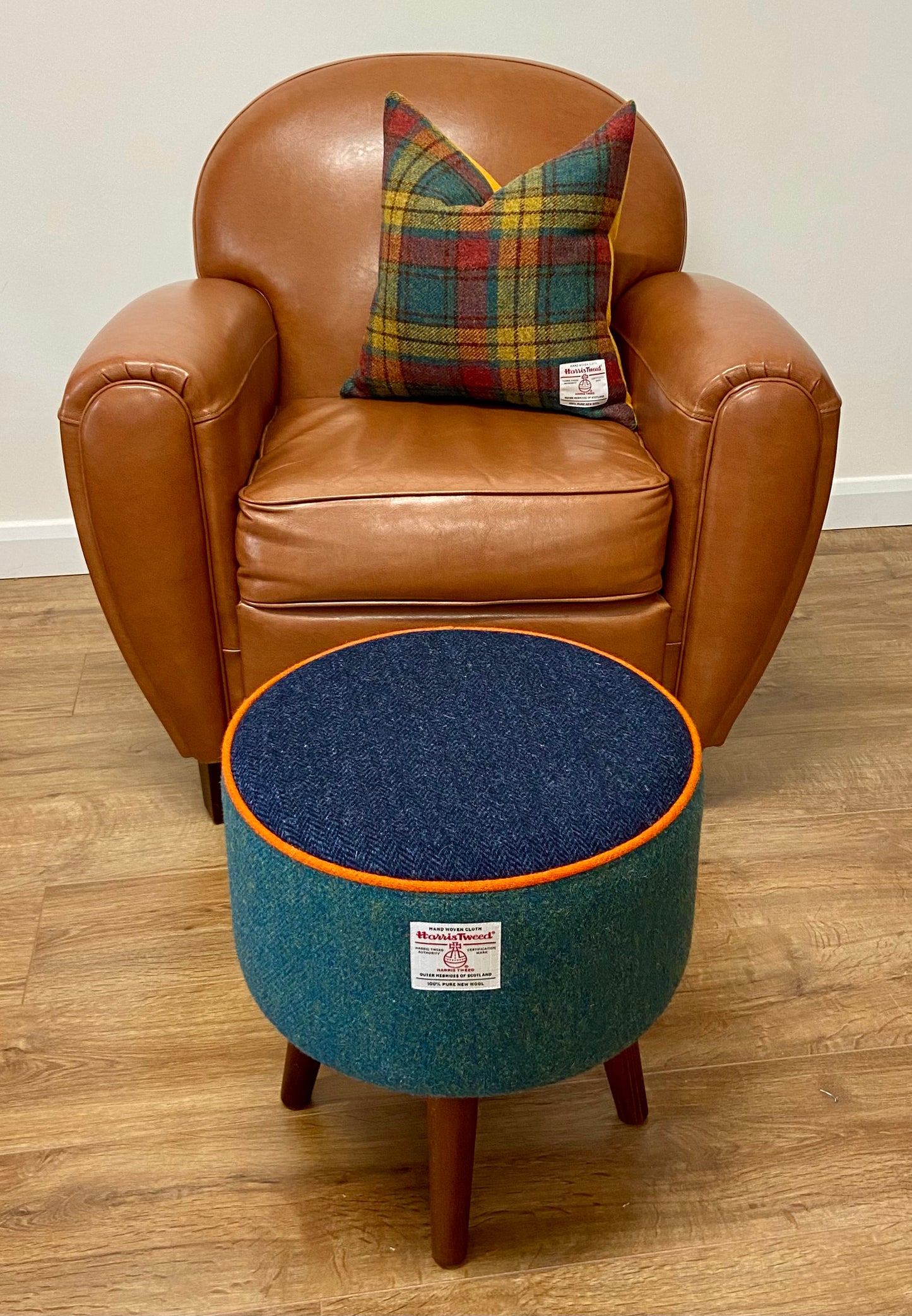 Green and Blue Harris Tweed Footstool with Orange Piping and Dark Varnished Wooden Legs