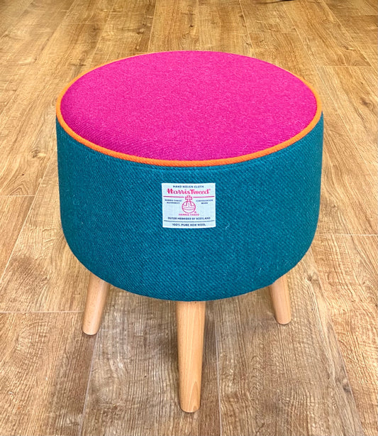 Teal and Fuchsia Harris Tweed Footstool with Orange Piping and Varnished Wooden Legs