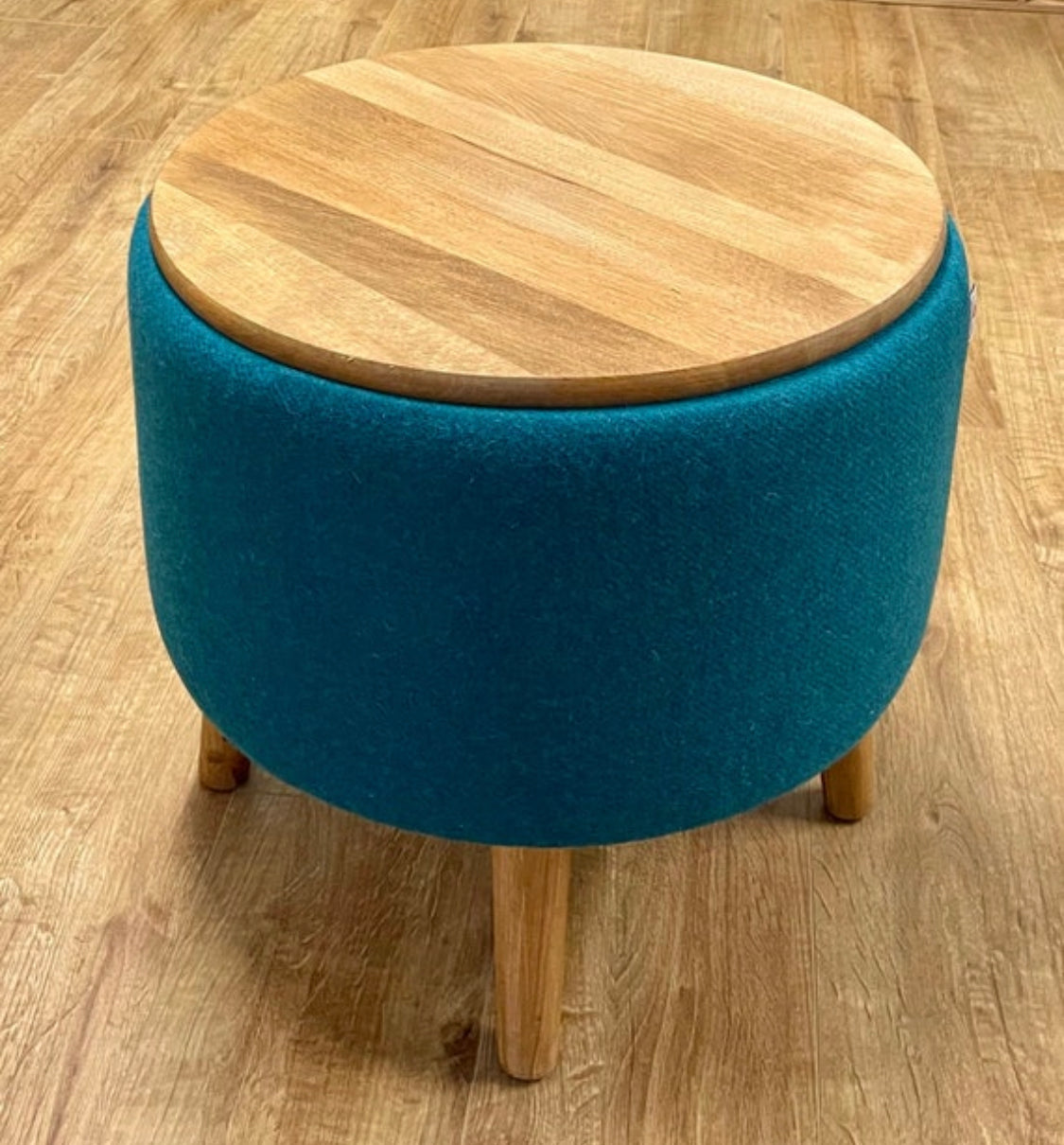 Teal End Table: Harris Tweed with Rustic Wooden Legs and Top