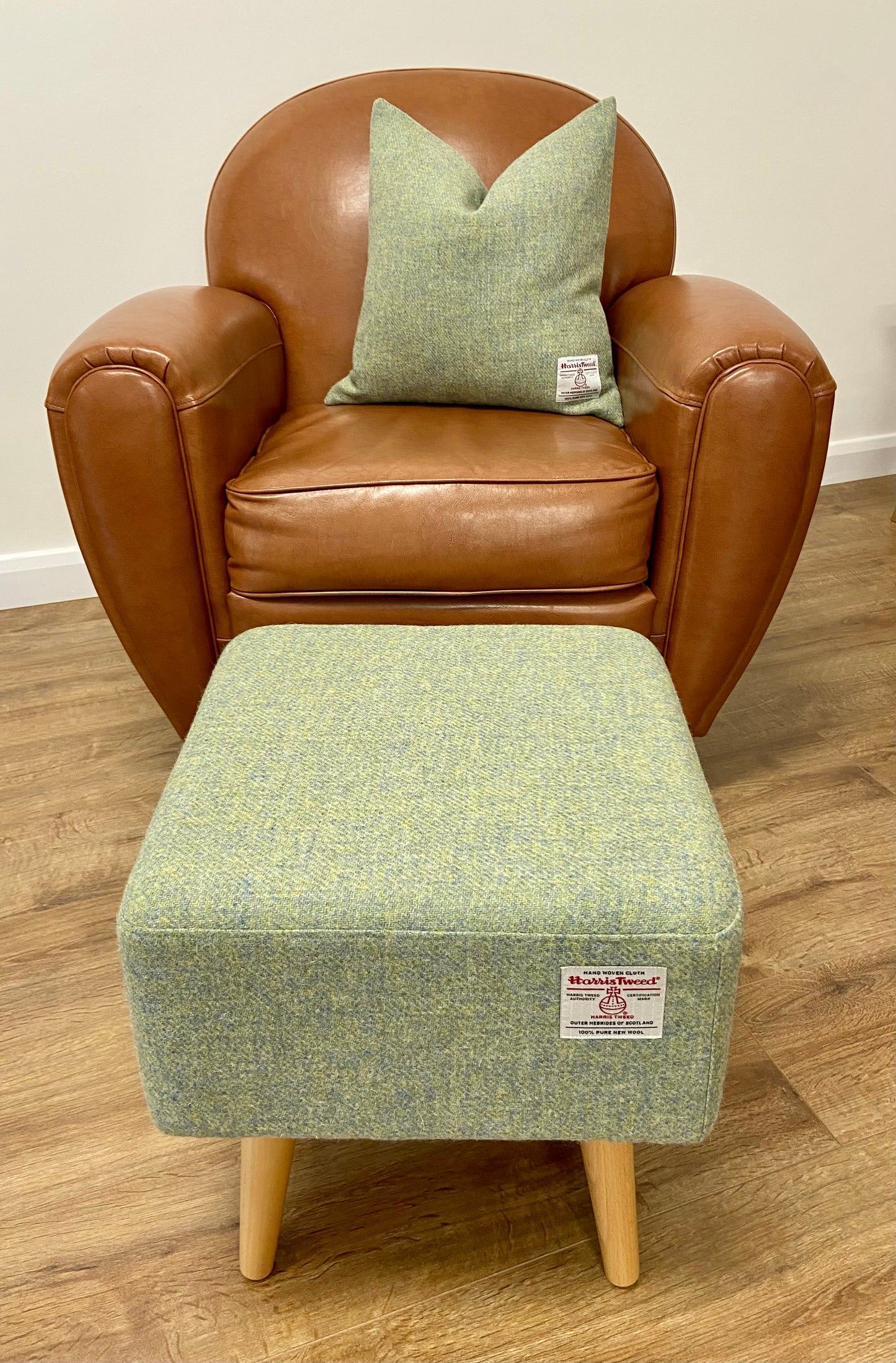 Light Green Square Footstool, Harris Tweed with Varnished Light Wooden Legs