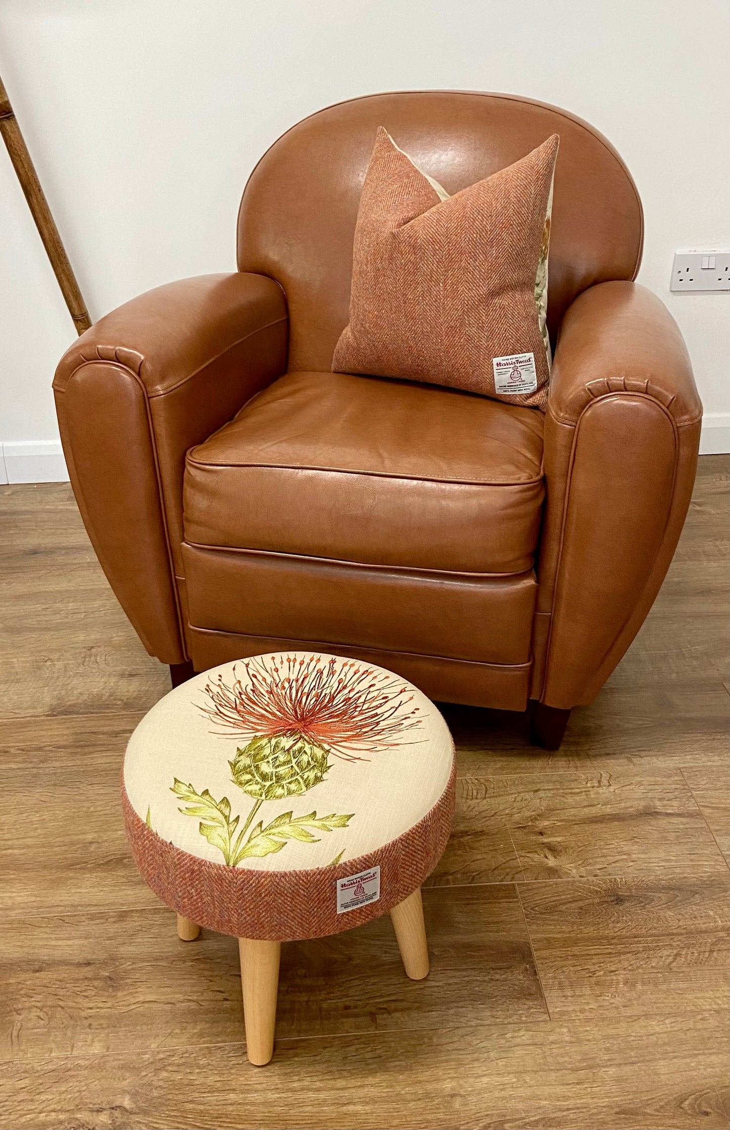 Burnt Orange Embroidered Thistle and Harris Tweed Footstool with Varnished Wooden Legs