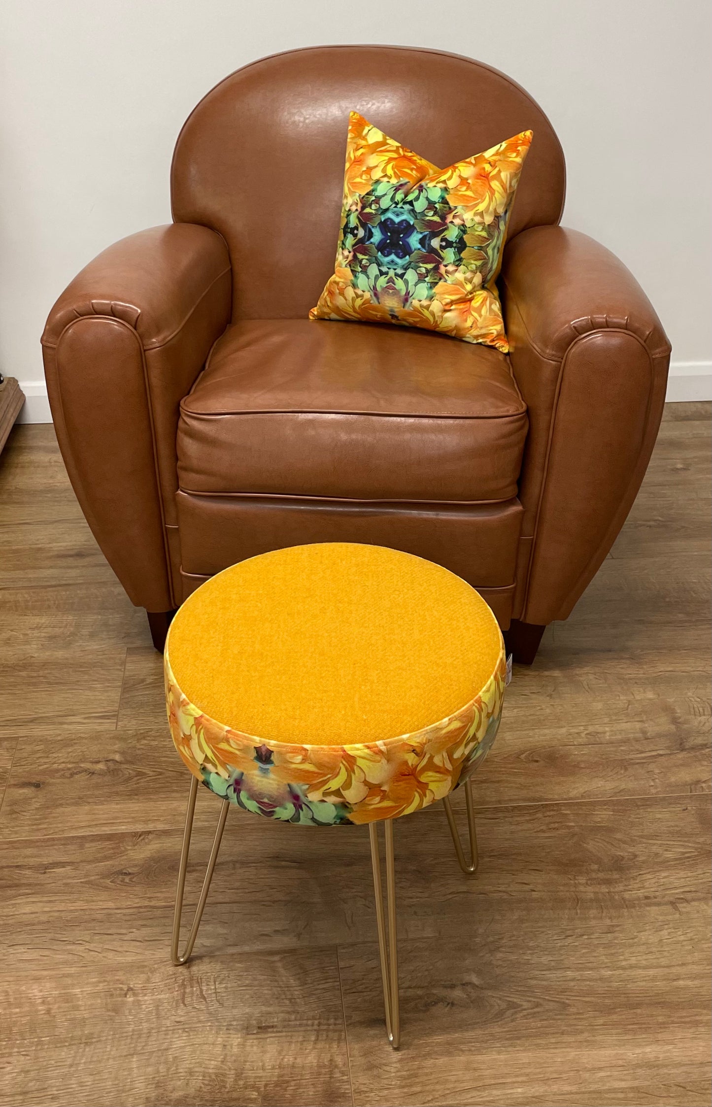 Vibrant Yellow Floral Velvet and Harris Tweed Hairpin Footstool