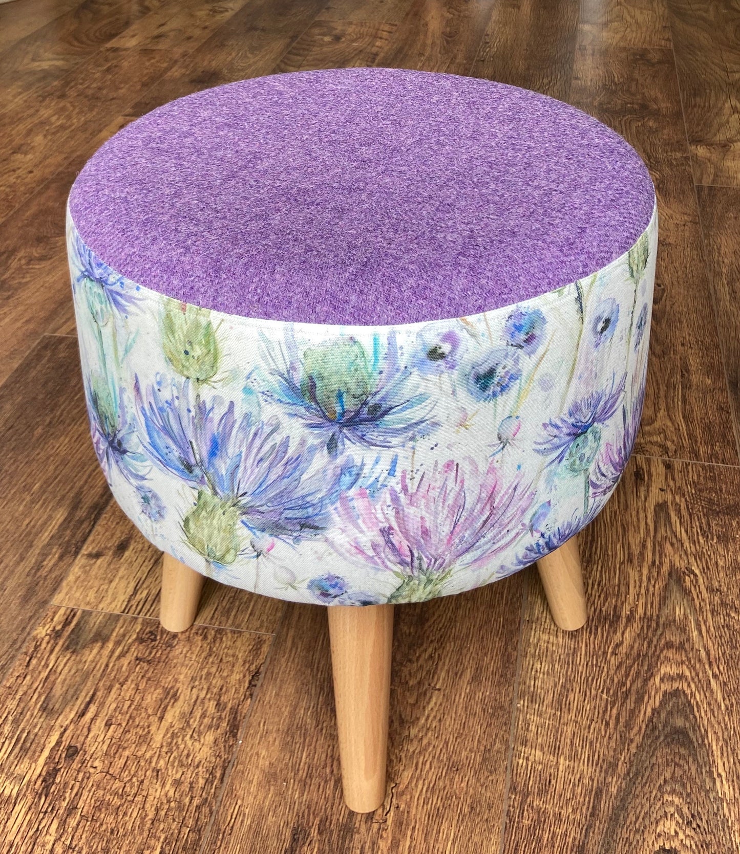 Watercolour Thistle Footstool with Lilac Harris Tweed and Varnished Wooden Legs