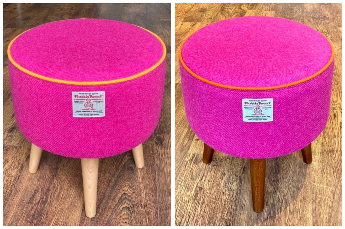 Bright Pink Harris Tweed Footstool with Light Wooden Legs