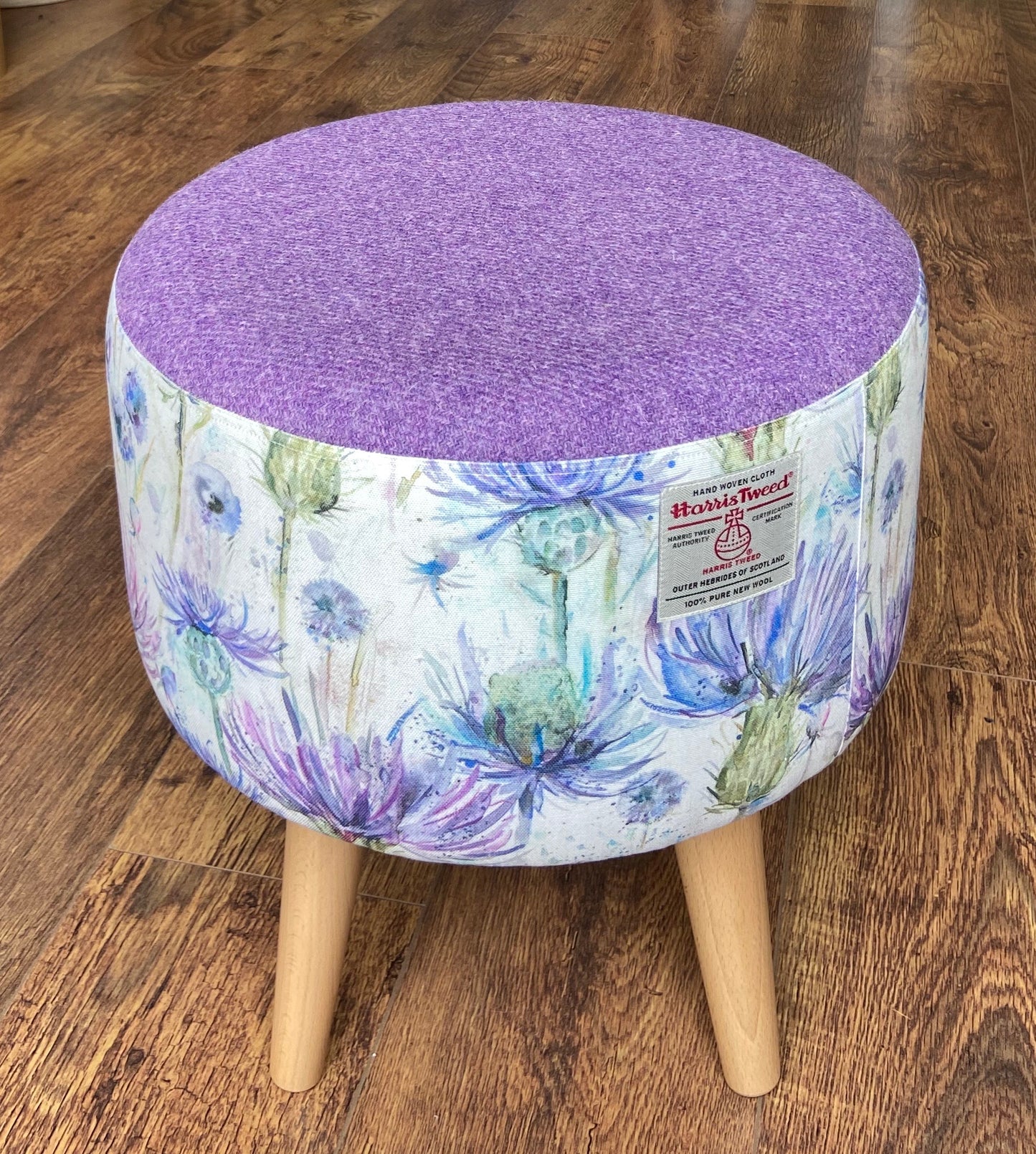 Watercolour Thistle Footstool with Lilac Harris Tweed and Varnished Wooden Legs