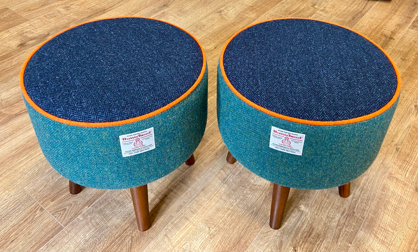 Green and Blue Harris Tweed Footstool with Orange Piping and Dark Varnished Wooden Legs