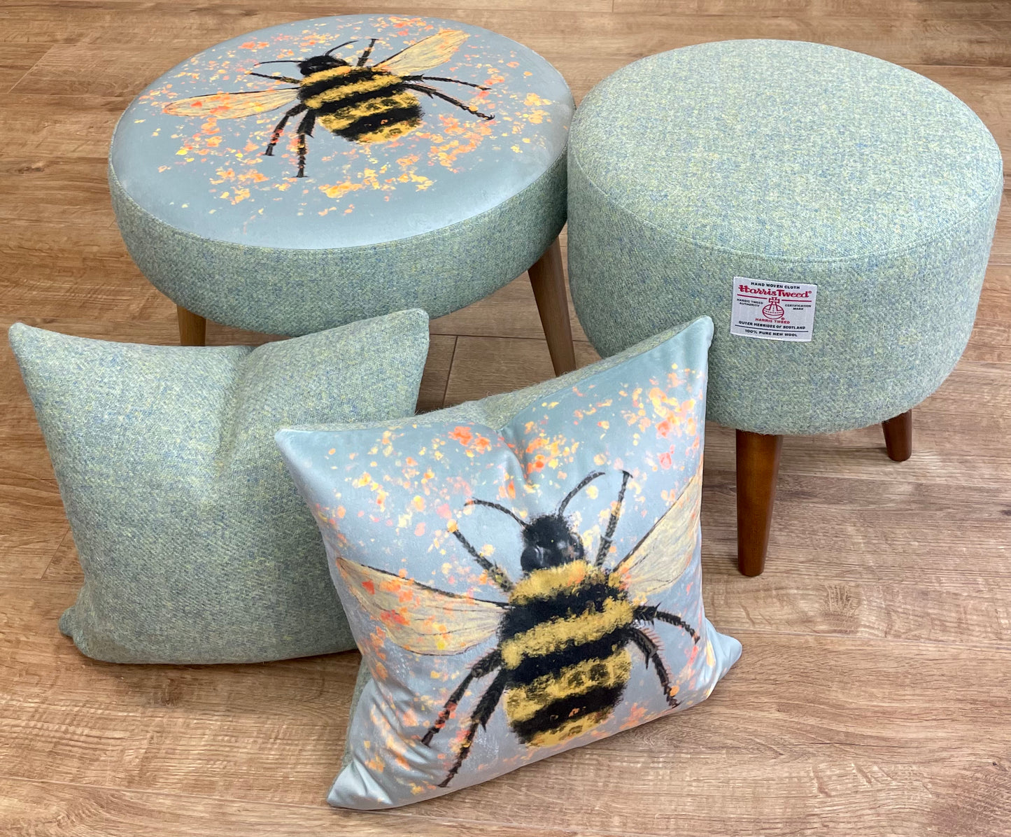 Bee with Pollen on Duck Egg Velvet Cushion with Harris Tweed