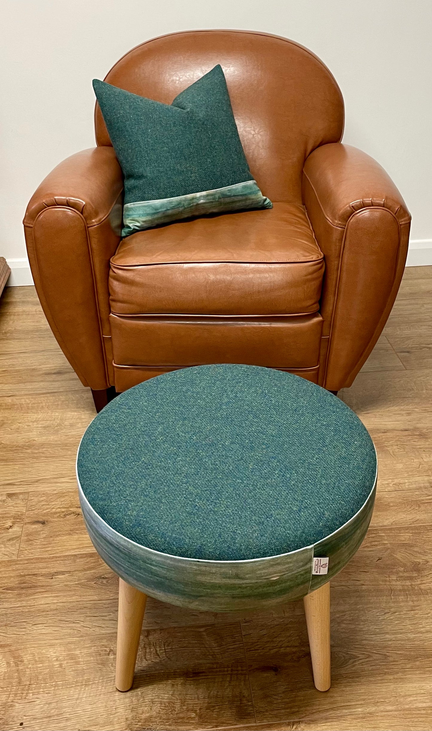 Green Harris Tweed Cushion with Emerald Sea Velvet Trim 18”